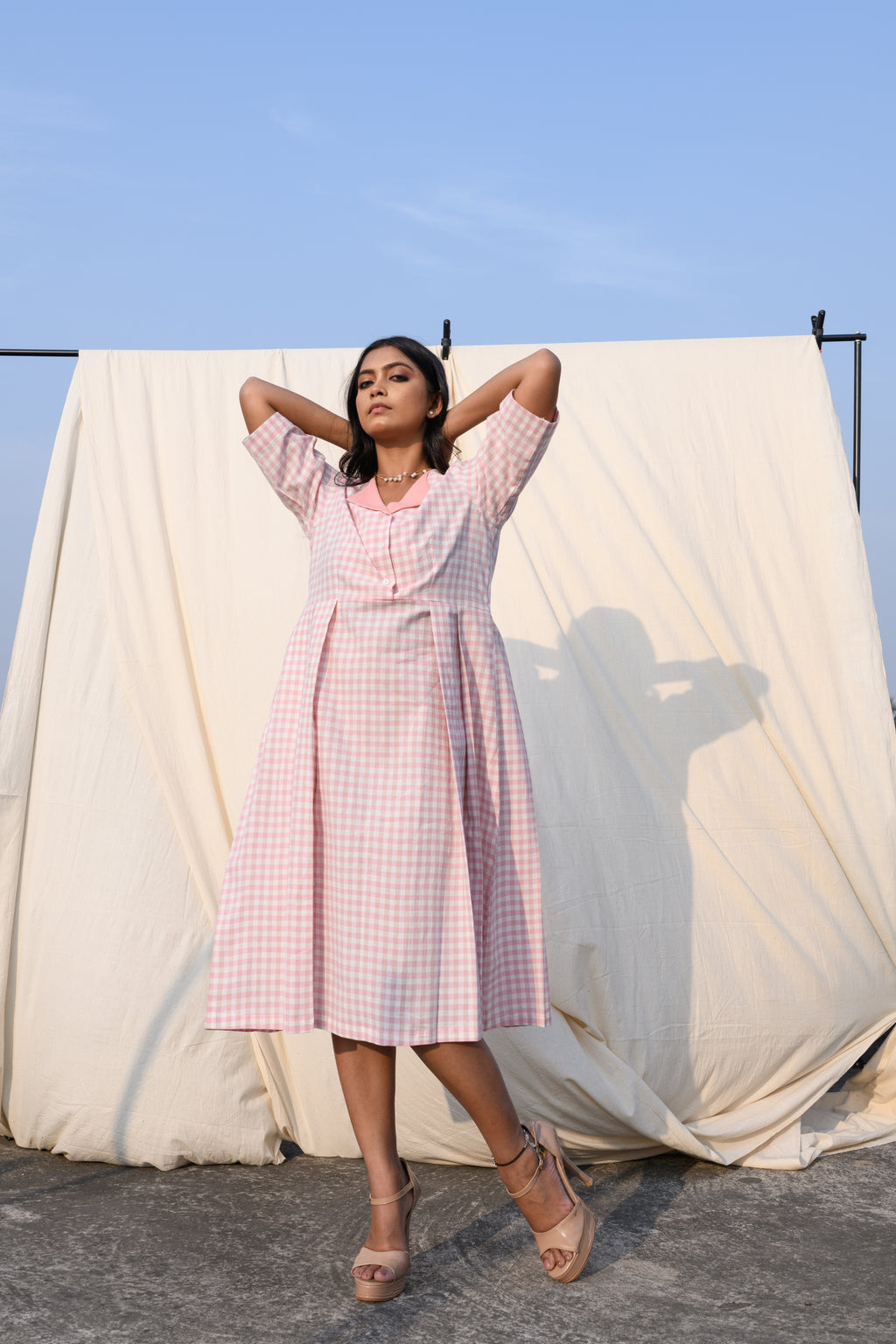 Rosewhisper - Pink and white checked midi dress