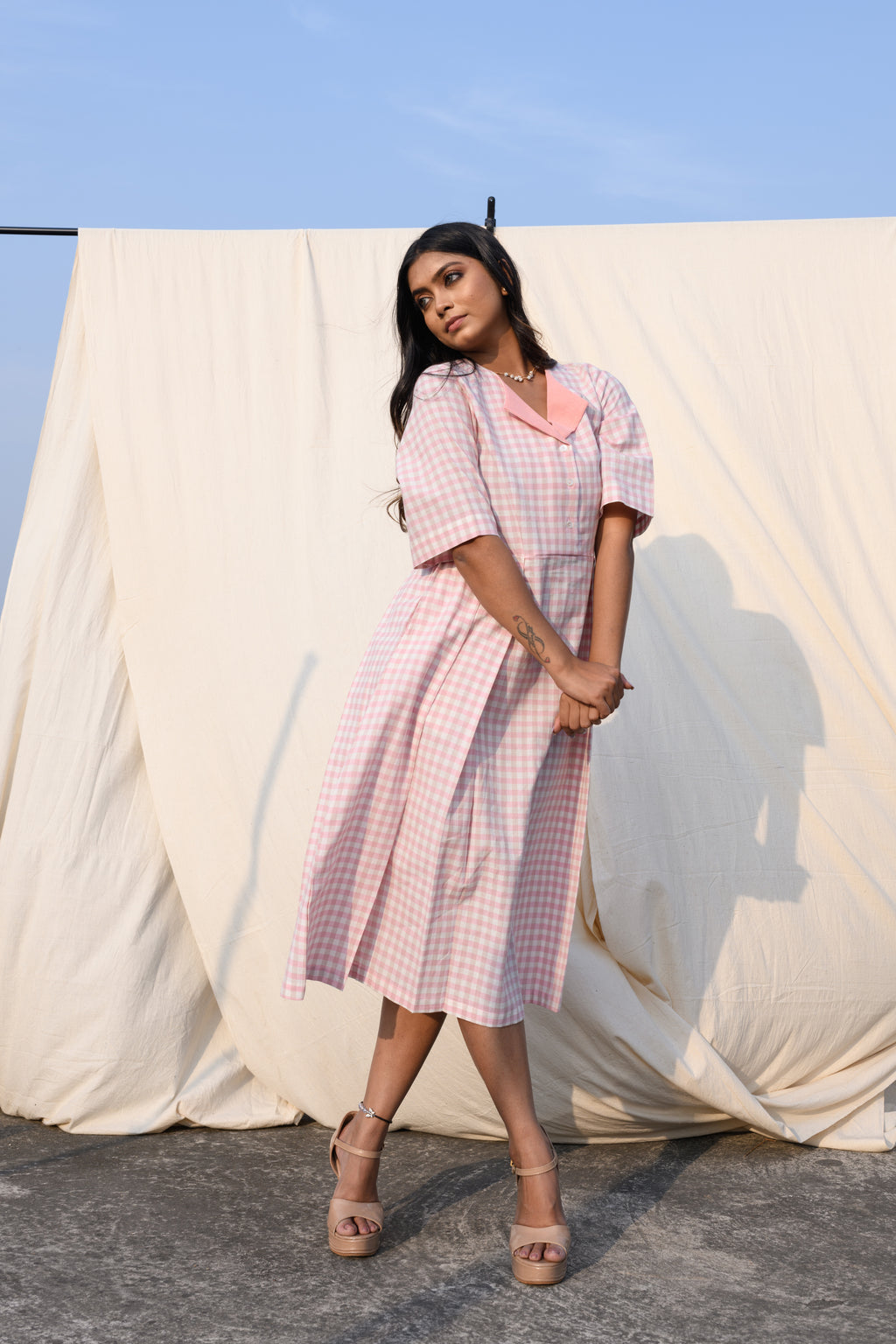 Rosewhisper - Pink and white checked midi dress