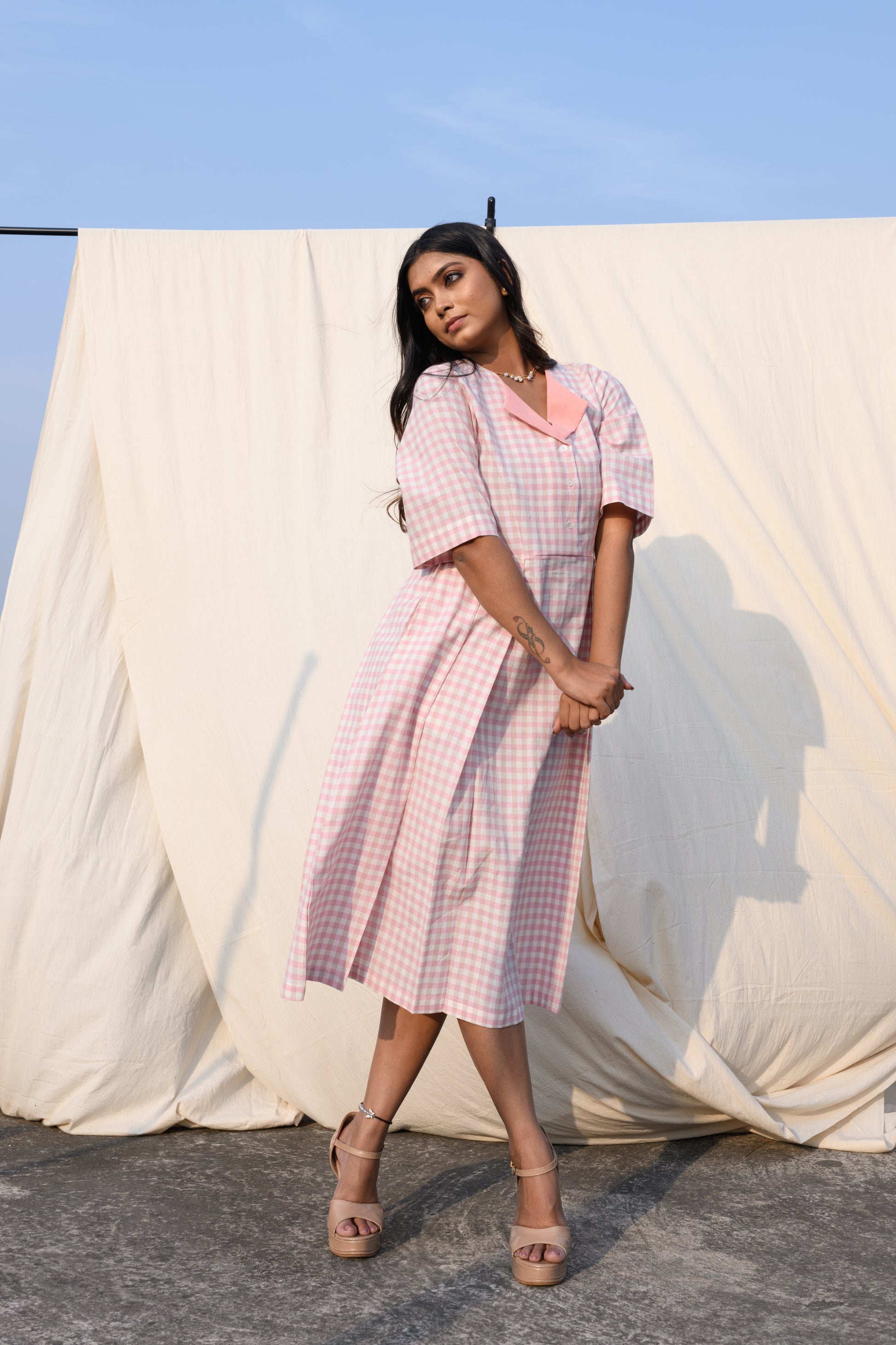 Rosewhisper - Pink and white checked midi dress