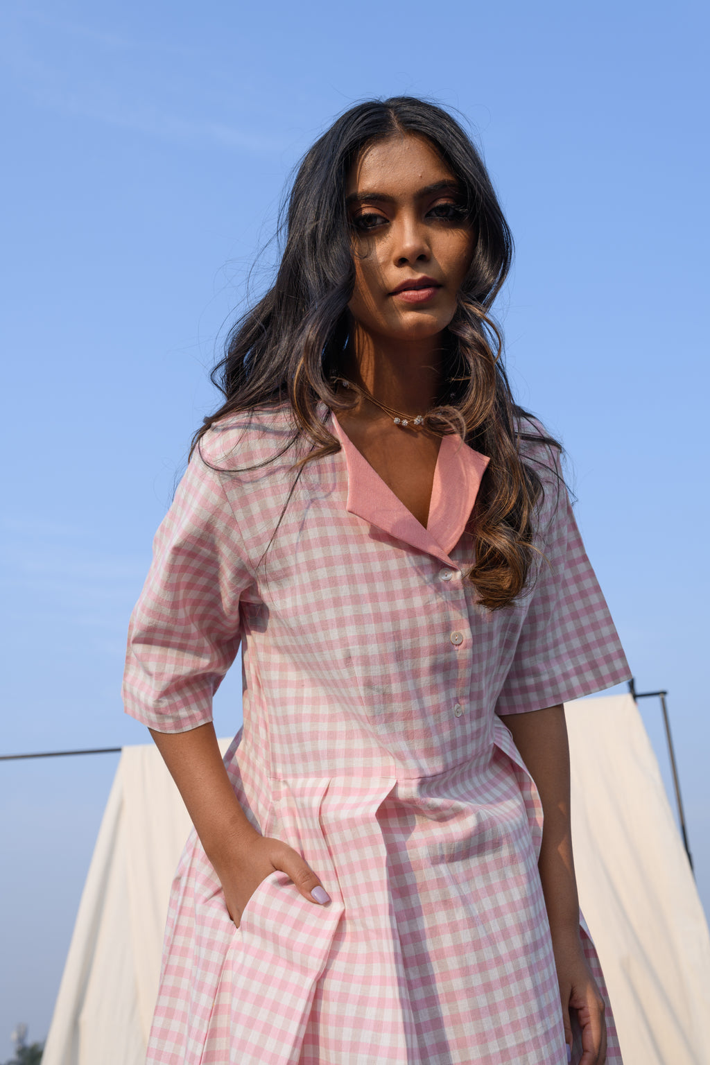 Rosewhisper - Pink and white checked midi dress