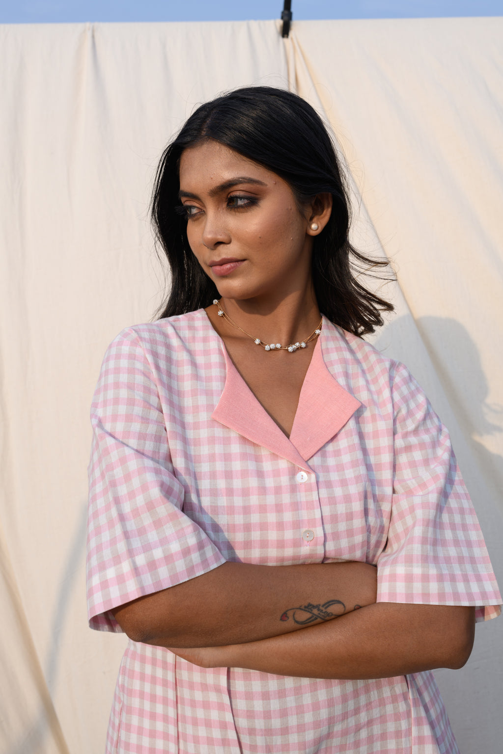 Rosewhisper - Pink and white checked midi dress
