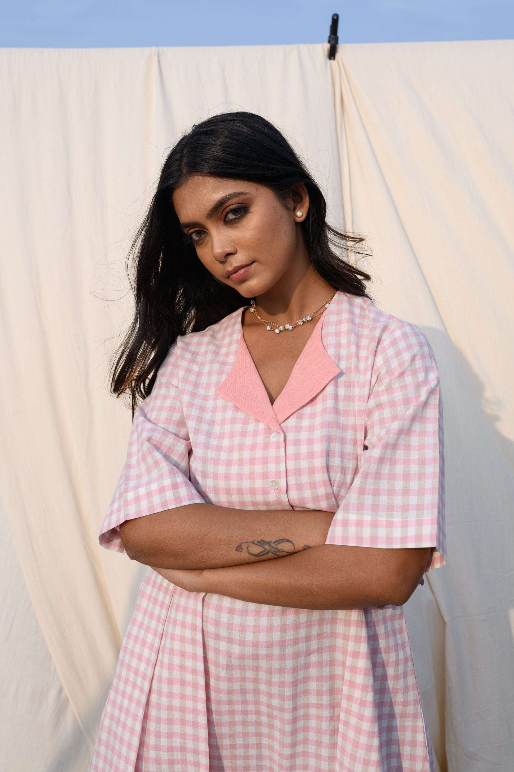 Rosewhisper - Pink and white checked midi dress