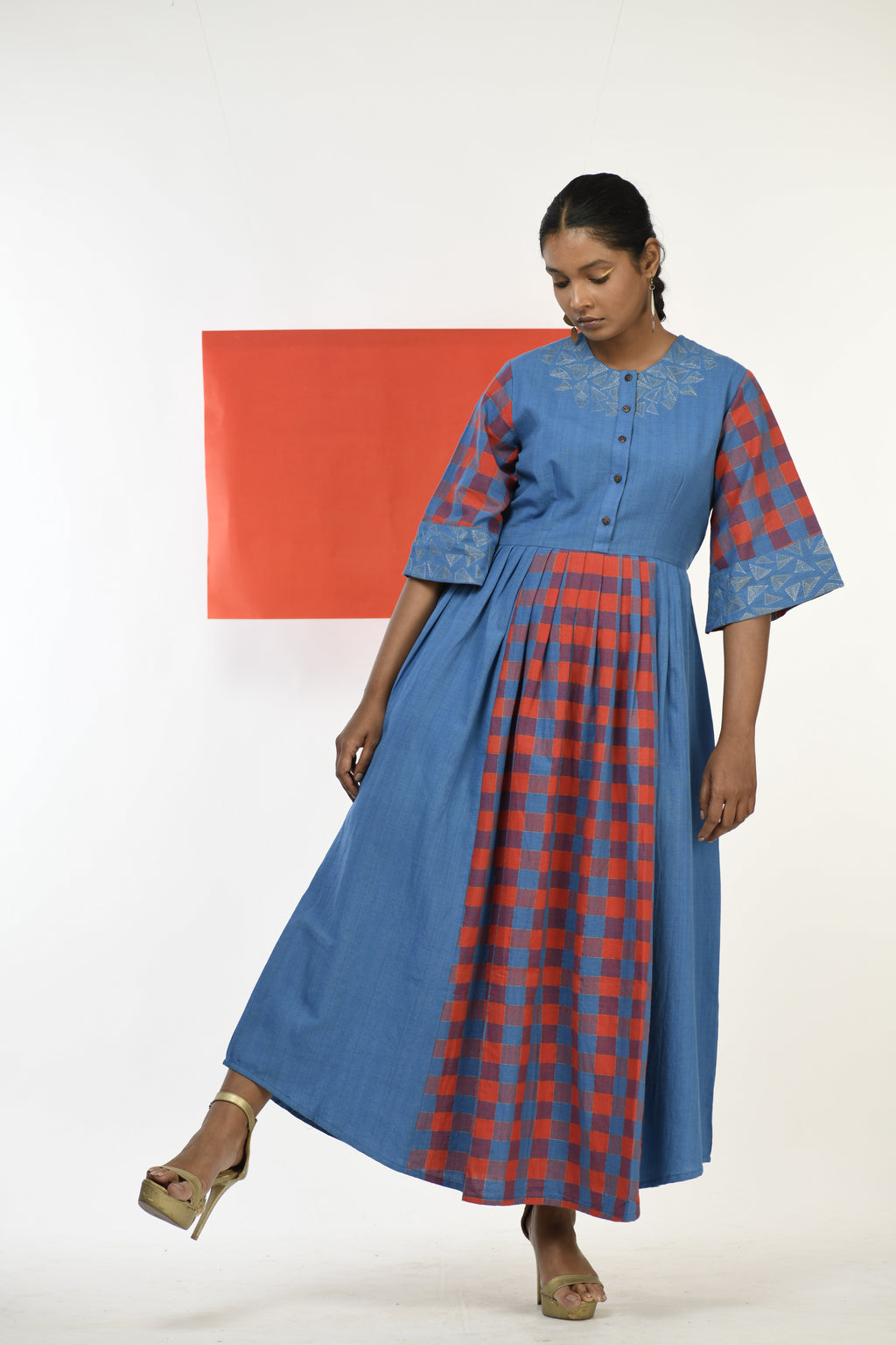 Spinel Checkflare - Handwoven hand embroidered dress