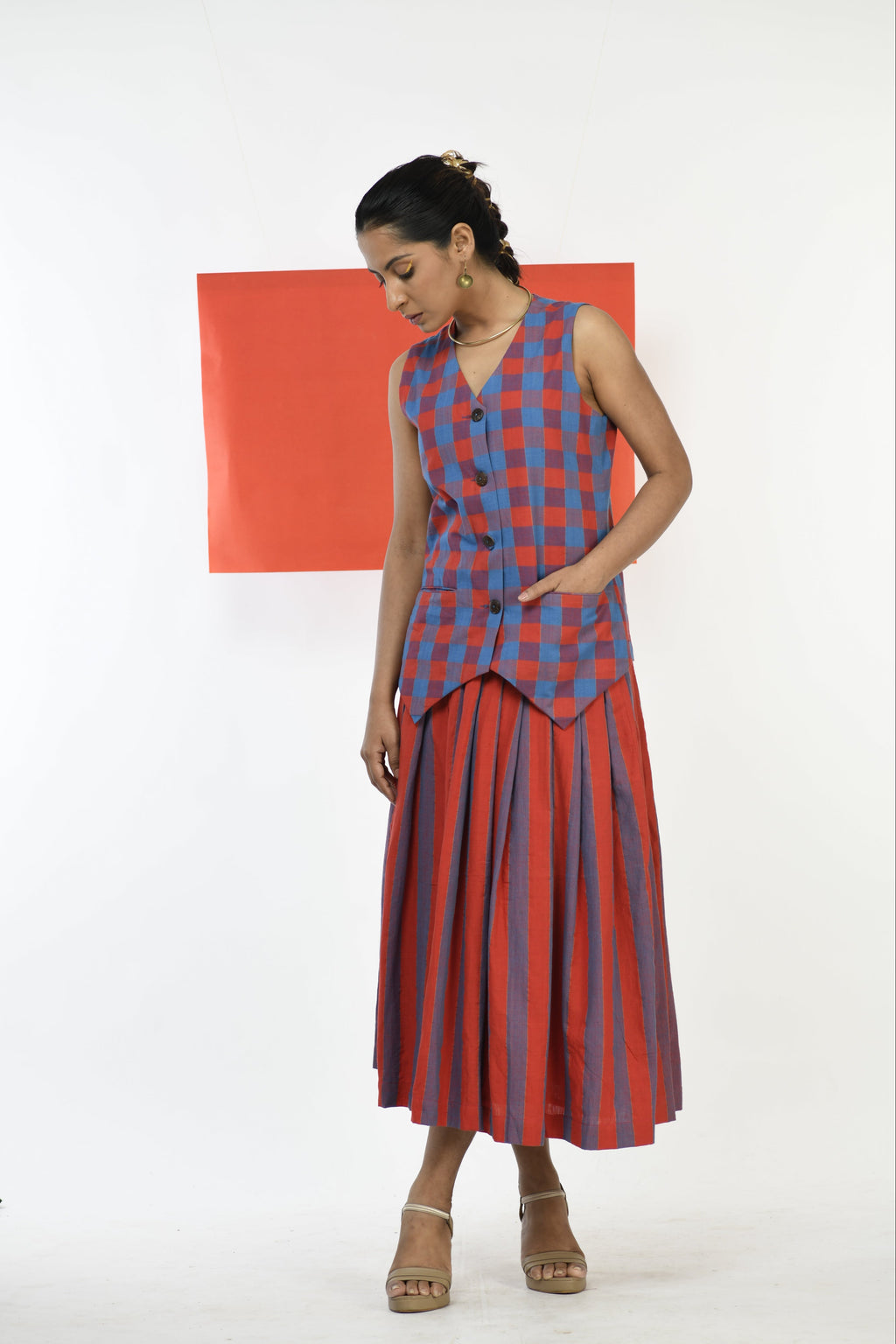 Ruby Cascade - Handwoven hand embroidered co-ord set (skirt and waistcoat)