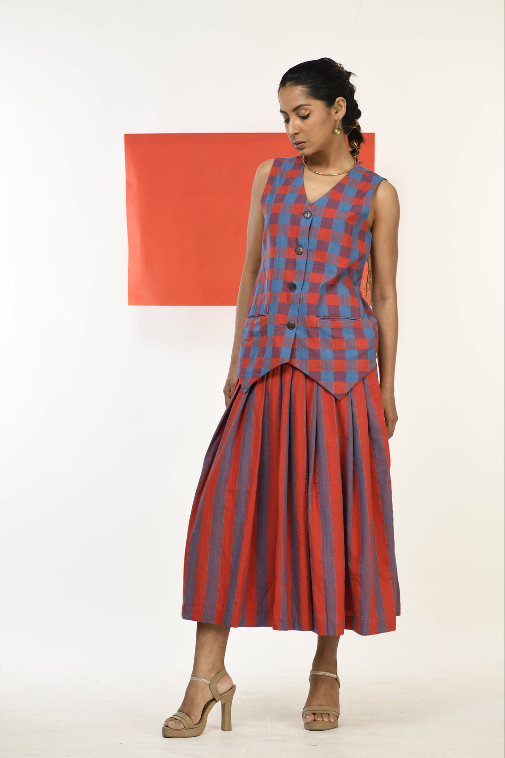Ruby Cascade - Handwoven hand embroidered co-ord set (skirt and waistcoat)