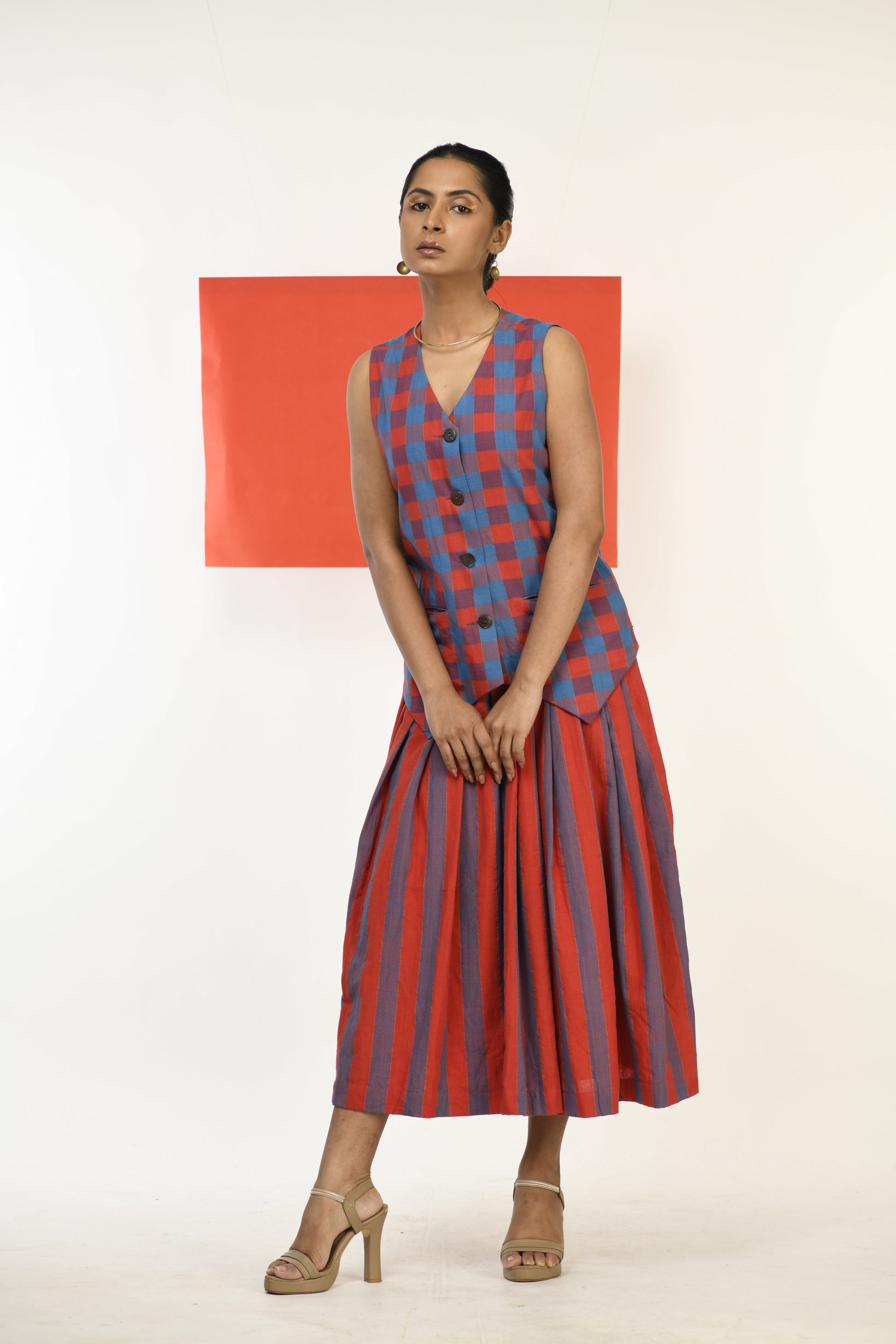 Ruby Cascade - Handwoven hand embroidered co-ord set (skirt and waistcoat)