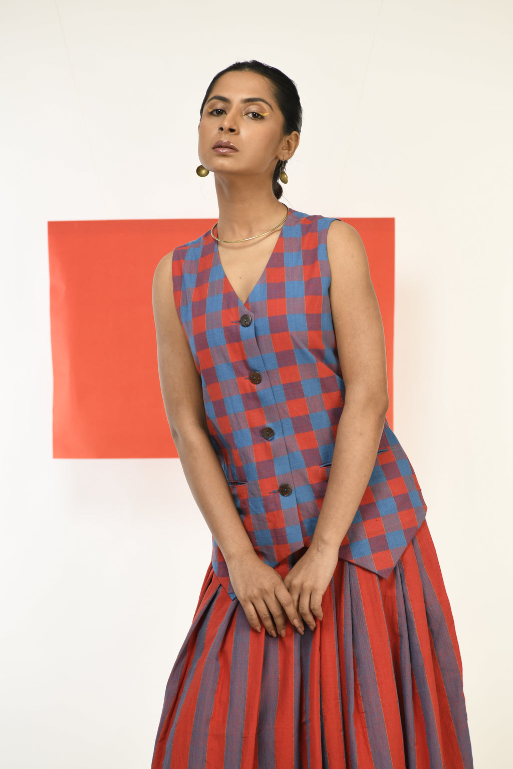 Ruby Cascade - Handwoven hand embroidered co-ord set (skirt and waistcoat)