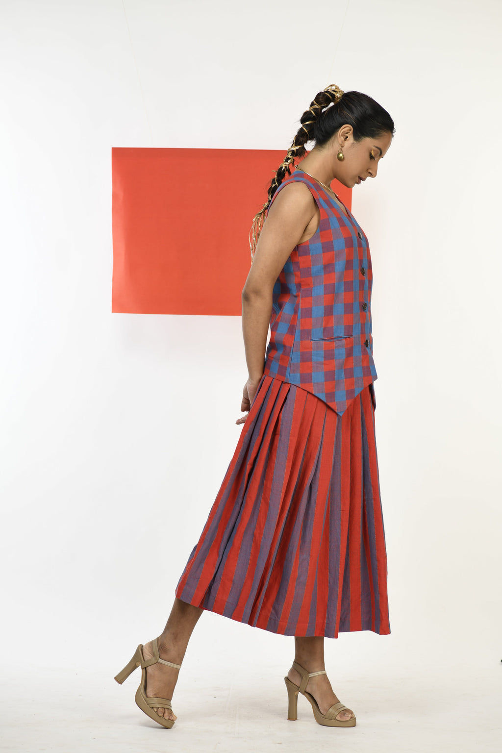 Ruby Cascade - Handwoven hand embroidered co-ord set (skirt and waistcoat)