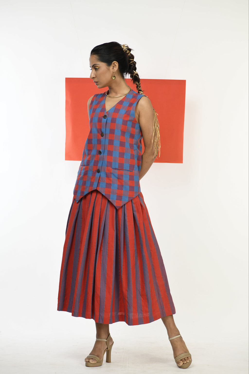 Ruby Cascade - Handwoven hand embroidered co-ord set (skirt and waistcoat)