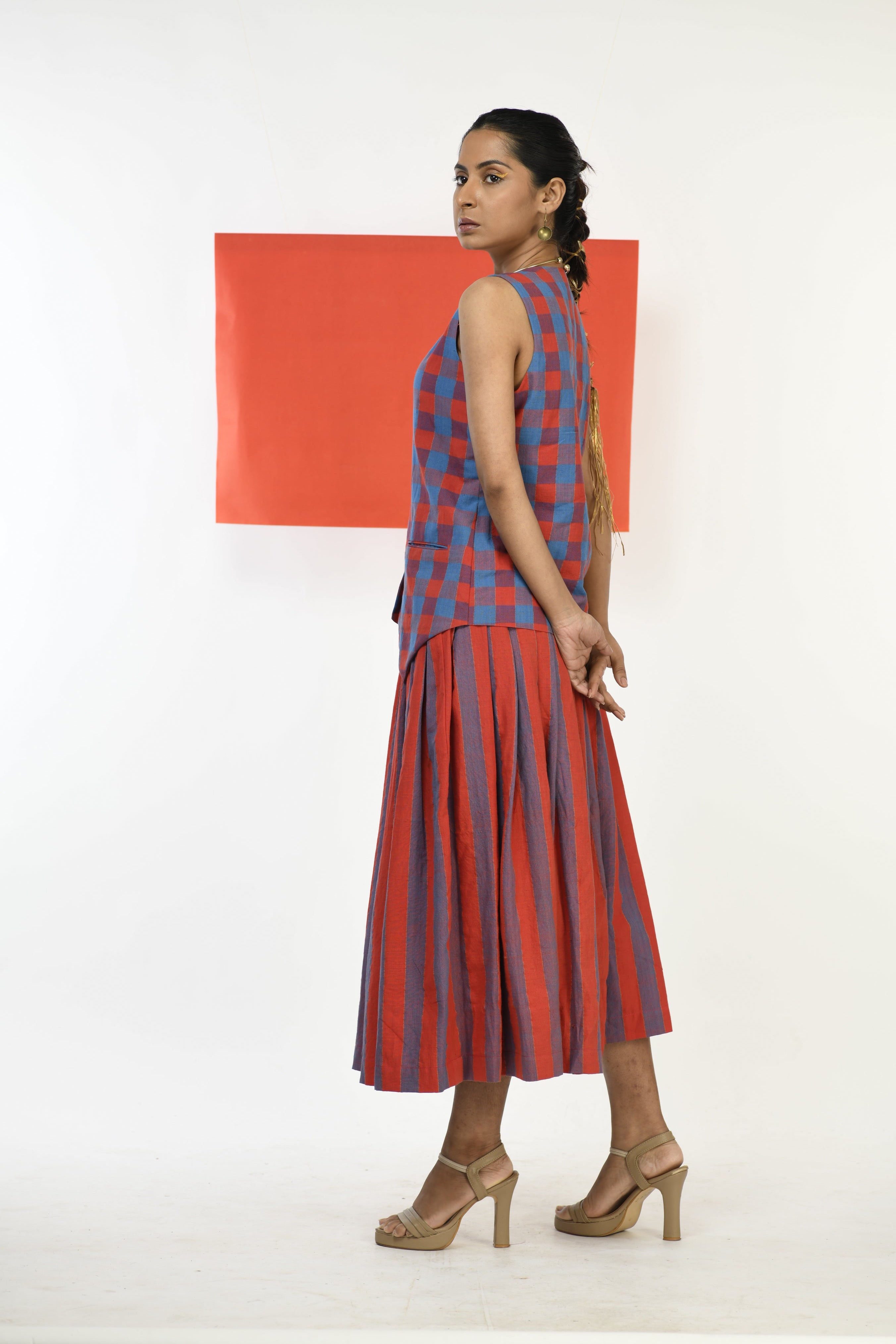 Ruby Cascade Handspun Cotton Tailored Waistcoat Red and Blue Checks Front