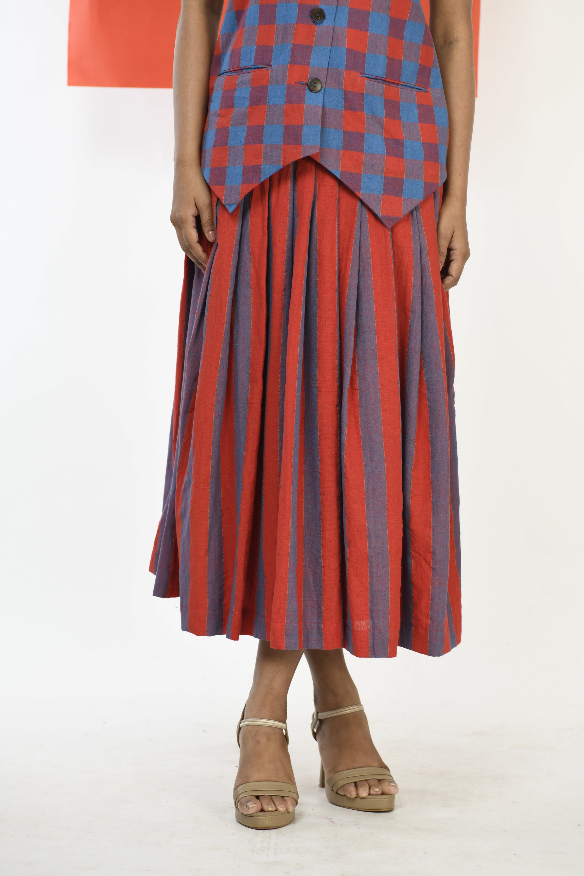 Ruby Cascade - Handwoven hand embroidered co-ord set (skirt and waistcoat)