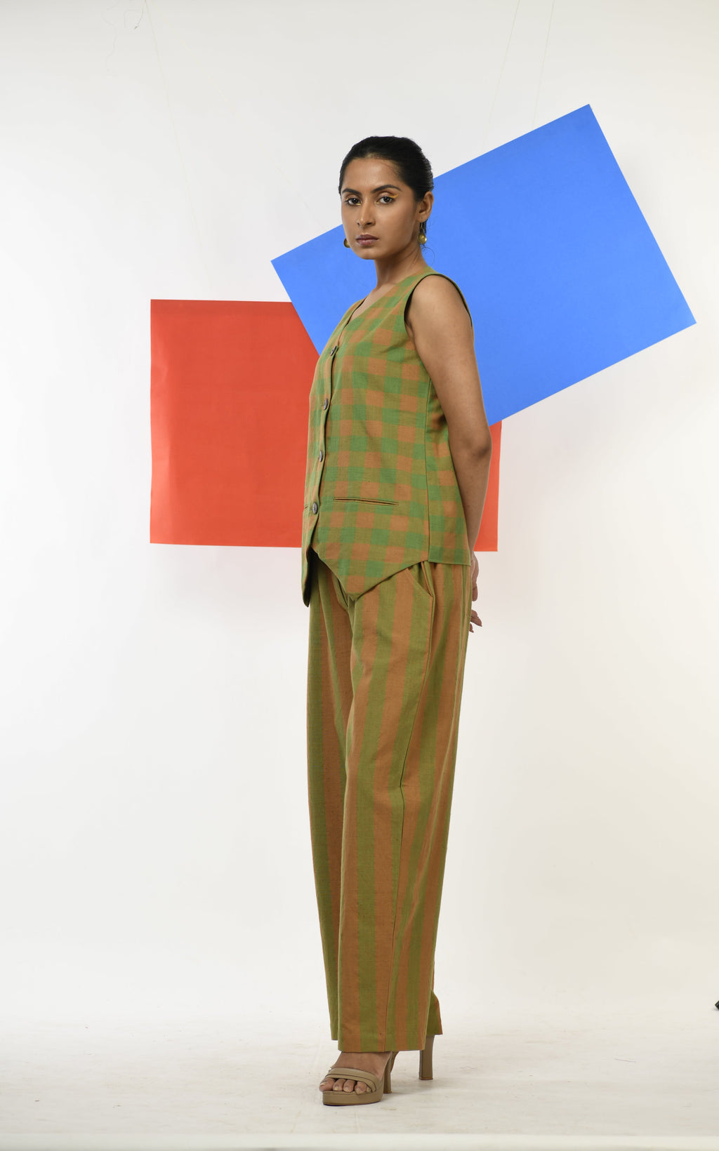 Zircon Gleam Waistcoat Green and pastel orange checks side view