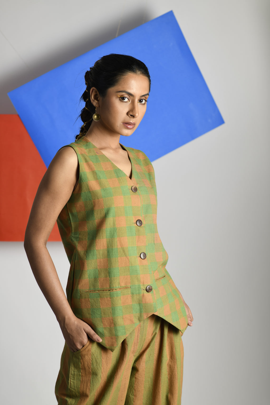 Zircon Gleam Waistcoat Green and pastel orange checks side view