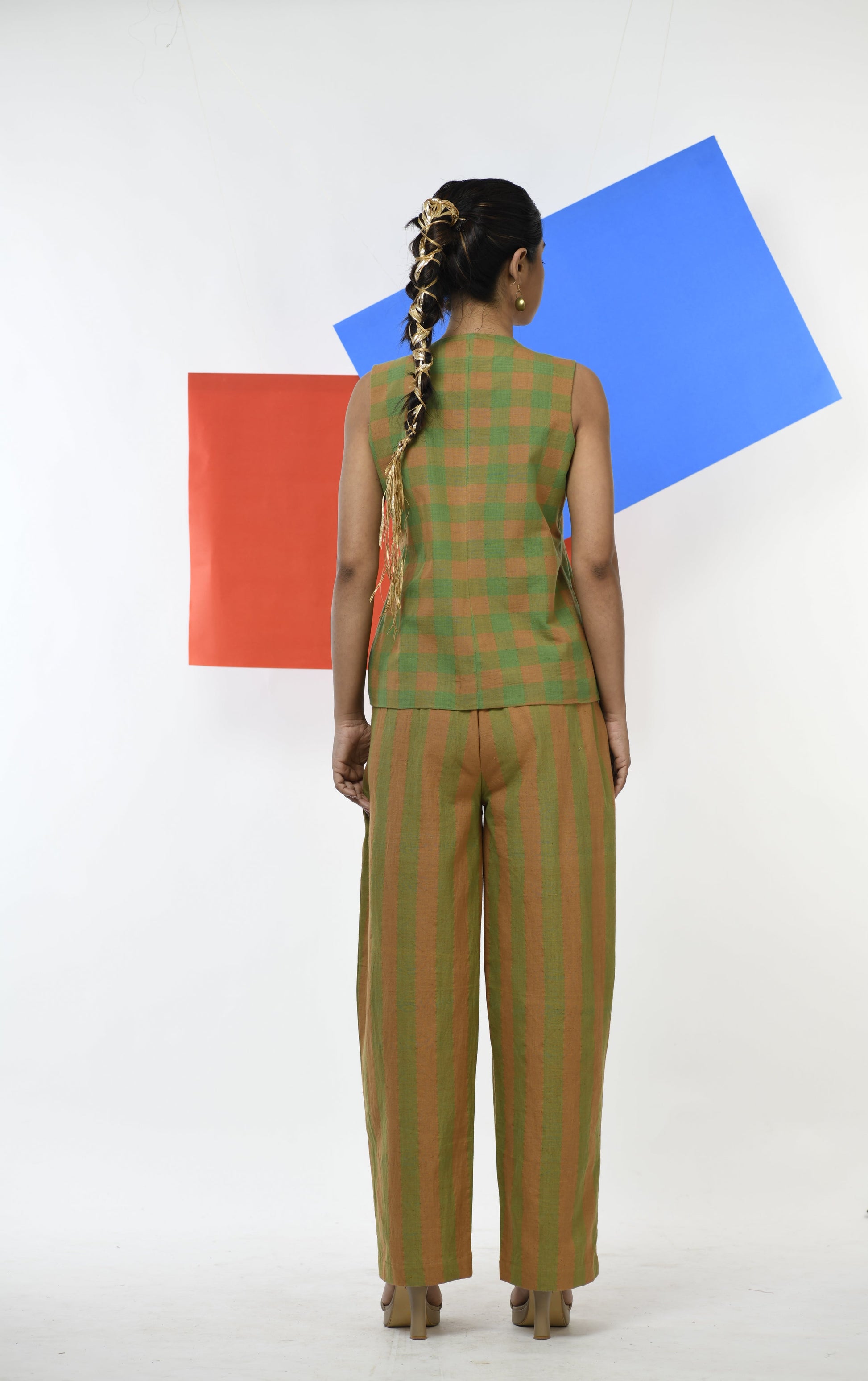 Zircon Gleam Waistcoat Green and pastel orange checks back view