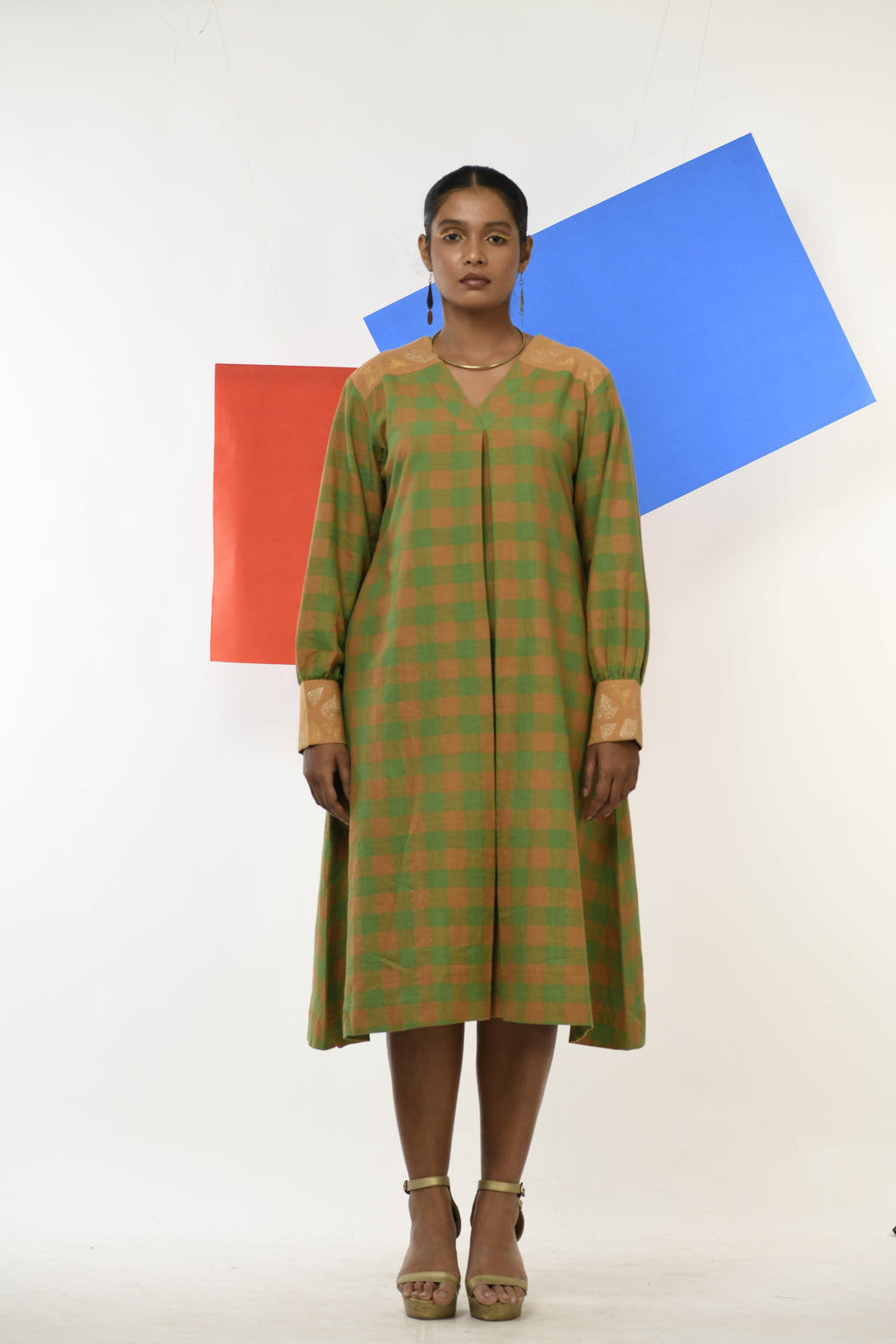 Golden Topaz Handwoven hand embroidered dress in Green and golden checks front view