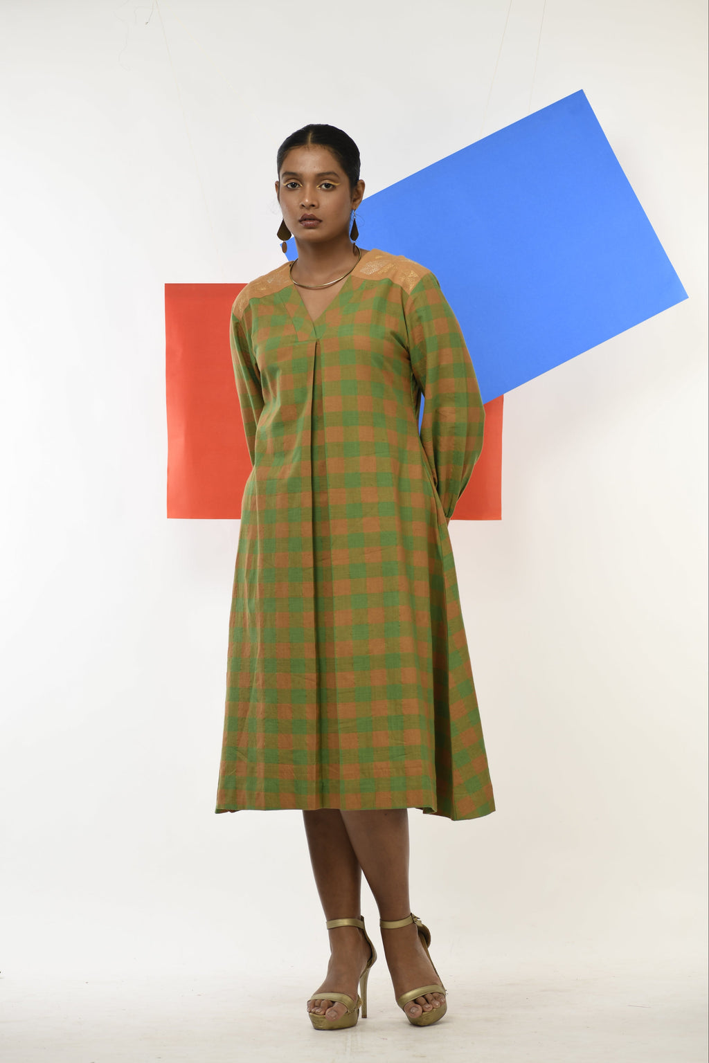 Golden Topaz Handwoven hand embroidered dress in Green and golden checks front view
