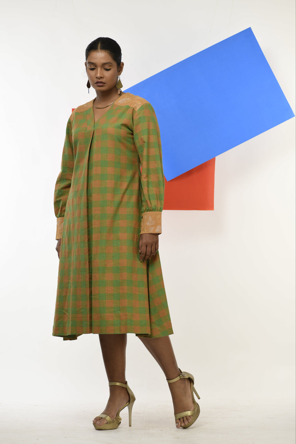 Golden Topaz Handwoven hand embroidered dress in Green and golden checks front view
