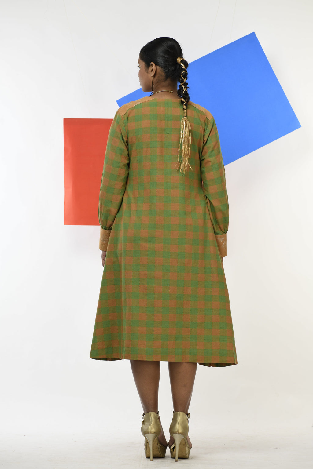 Golden Topaz Handwoven hand embroidered dress in Green and golden checks back view