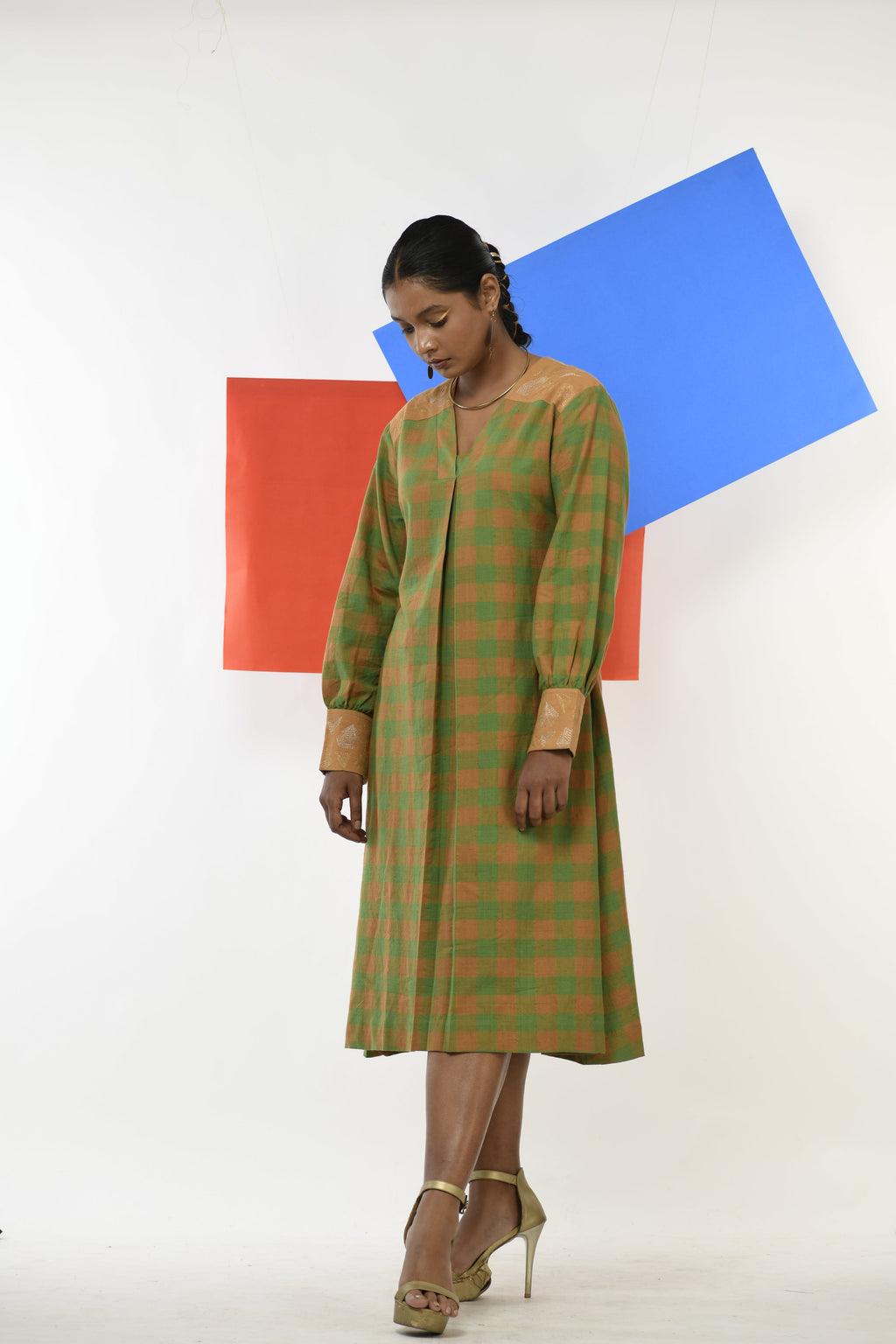 Golden Topaz Handwoven hand embroidered dress in Green and golden checks side view