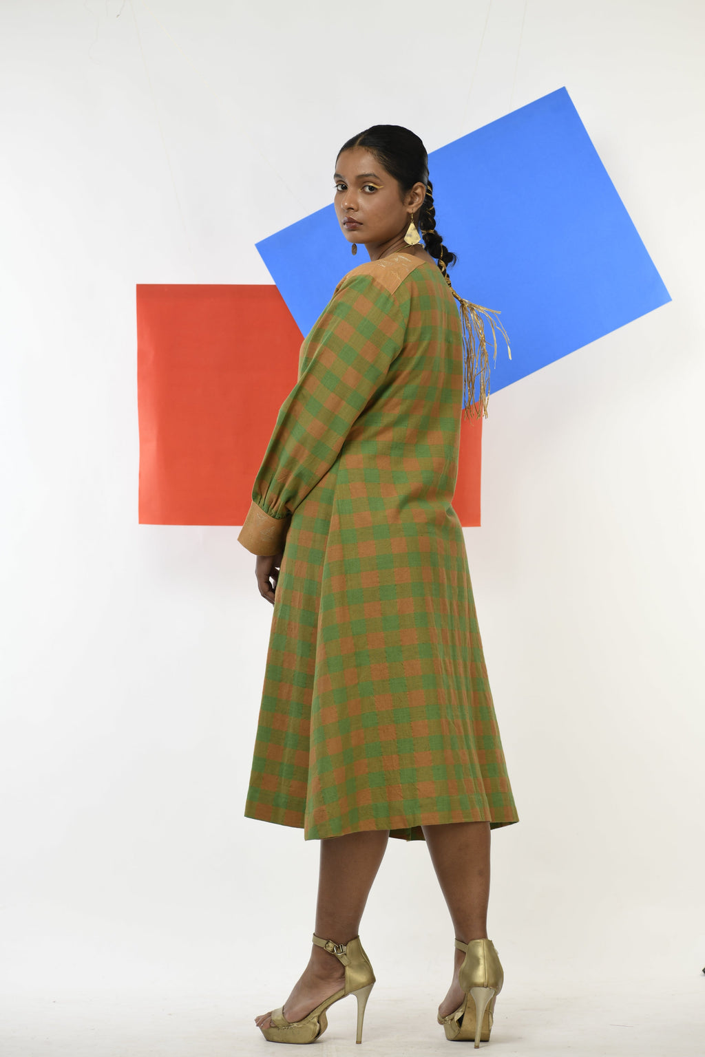 Golden Topaz Handwoven hand embroidered dress in Green and golden checks side view