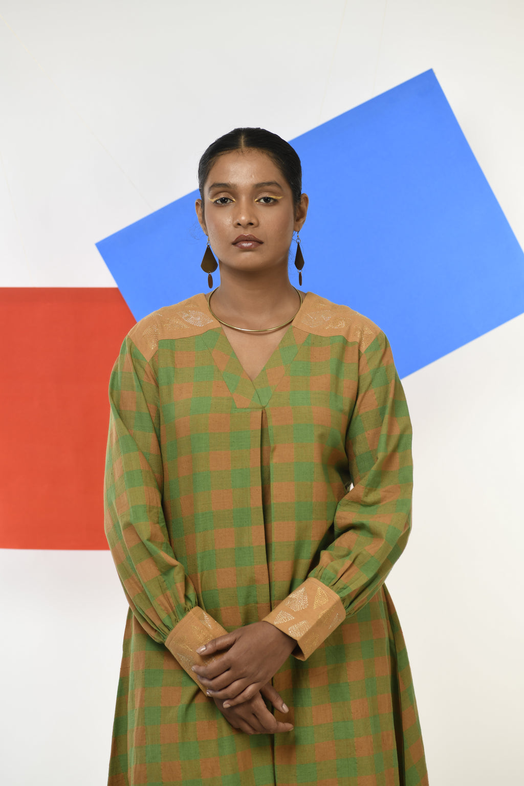 Golden Topaz Handwoven hand embroidered dress in Green and golden checks front view