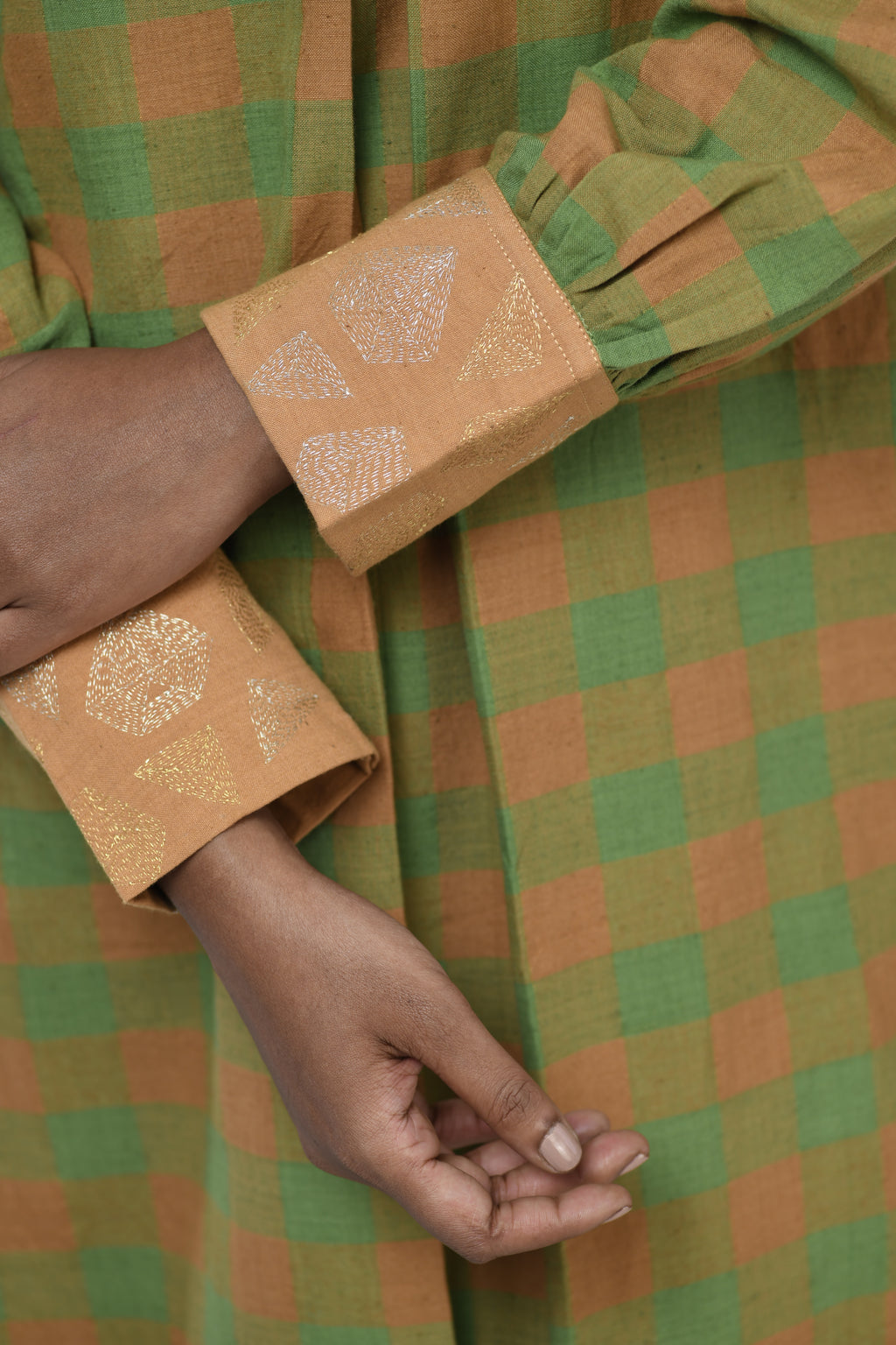 Golden Topaz Handwoven hand embroidered dress in Green and golden checks close view
