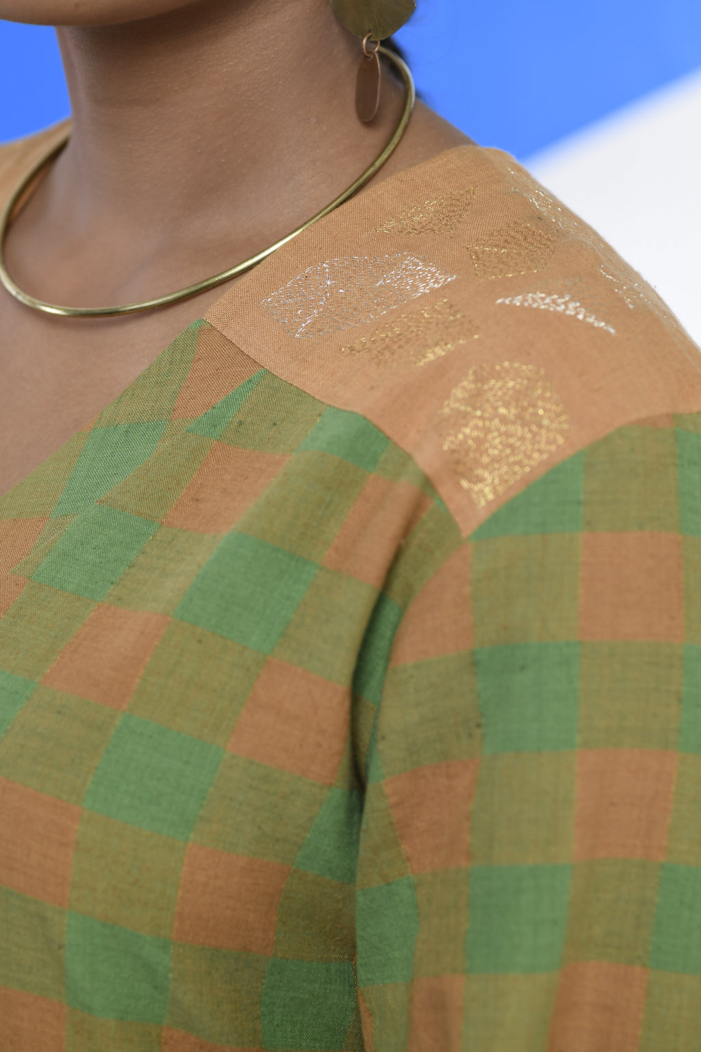 Golden Topaz Handwoven hand embroidered dress in Green and golden checks close view