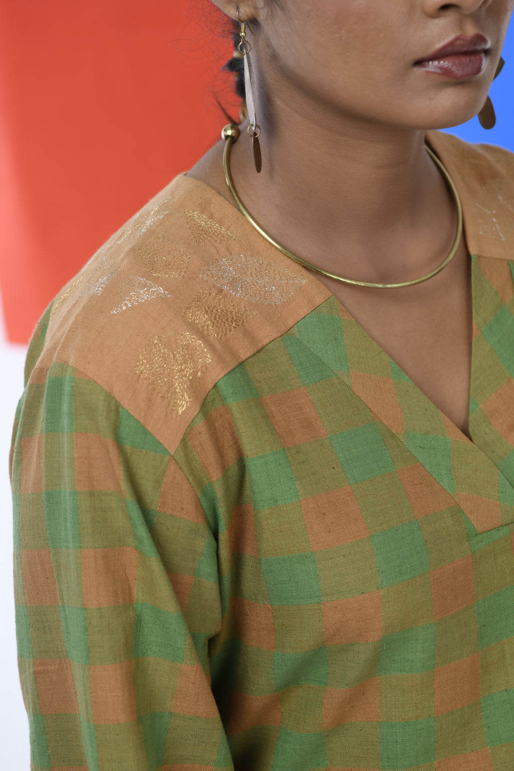 Golden Topaz Handwoven hand embroidered dress in Green and golden checks close view