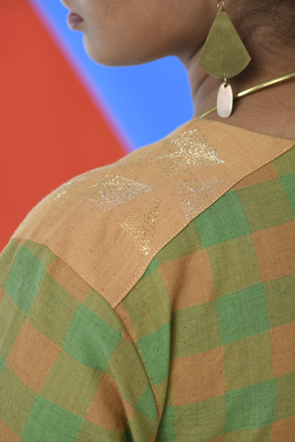 Golden Topaz Handwoven hand embroidered dress in Green and golden checks close view