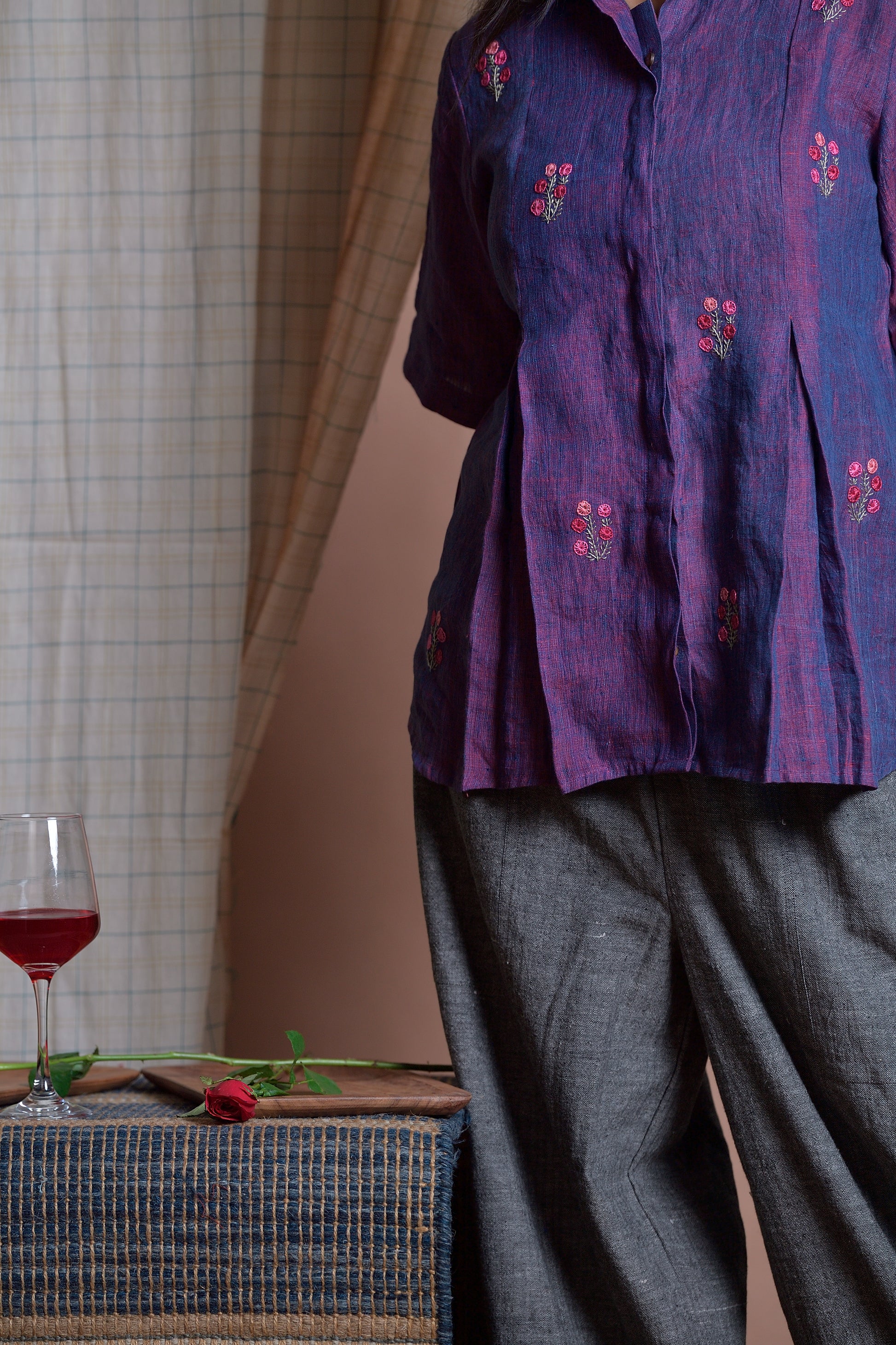 Graceful Boughs - Hand embroidered linen shirt