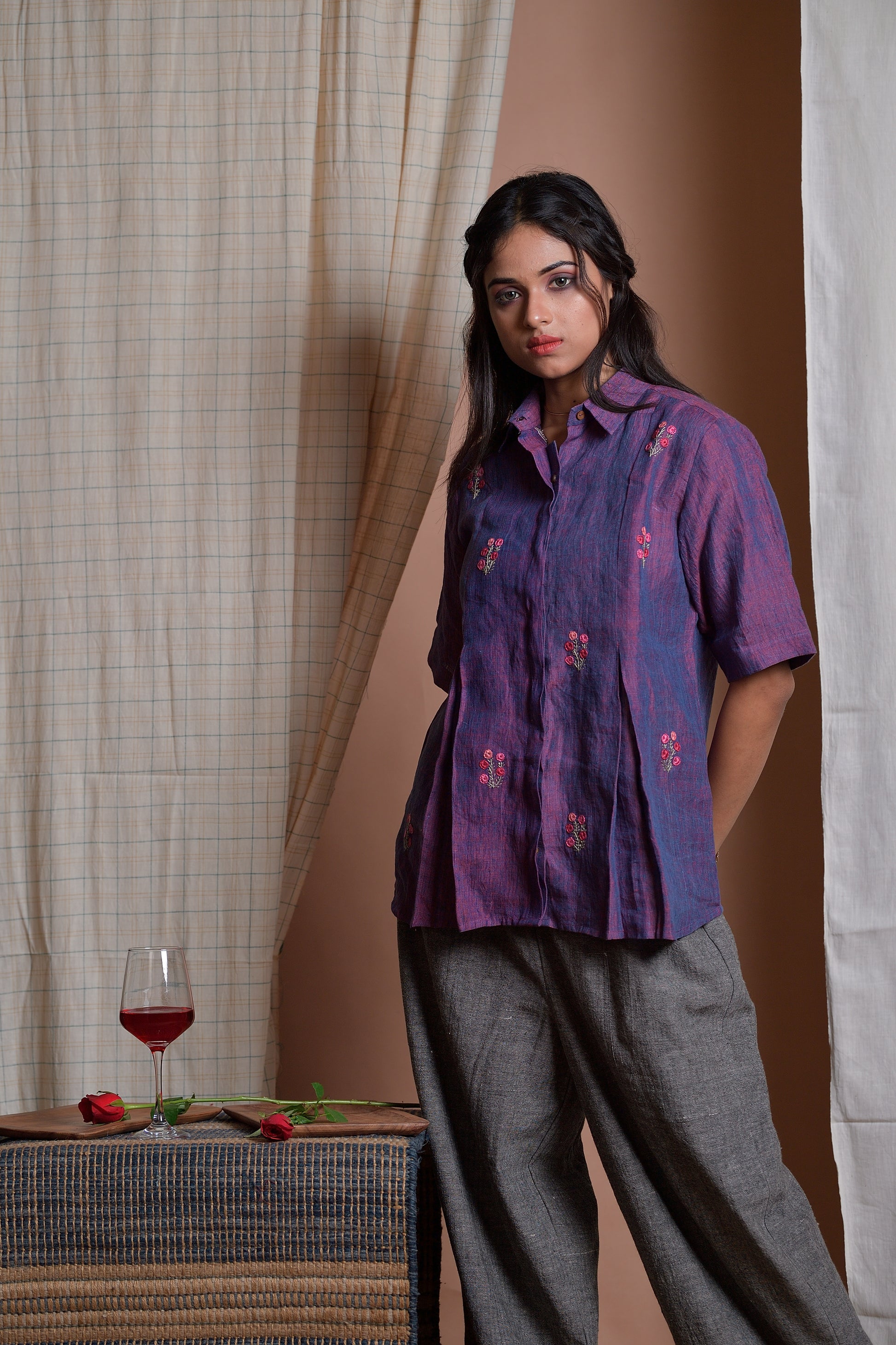 Graceful Boughs - Hand embroidered linen shirt