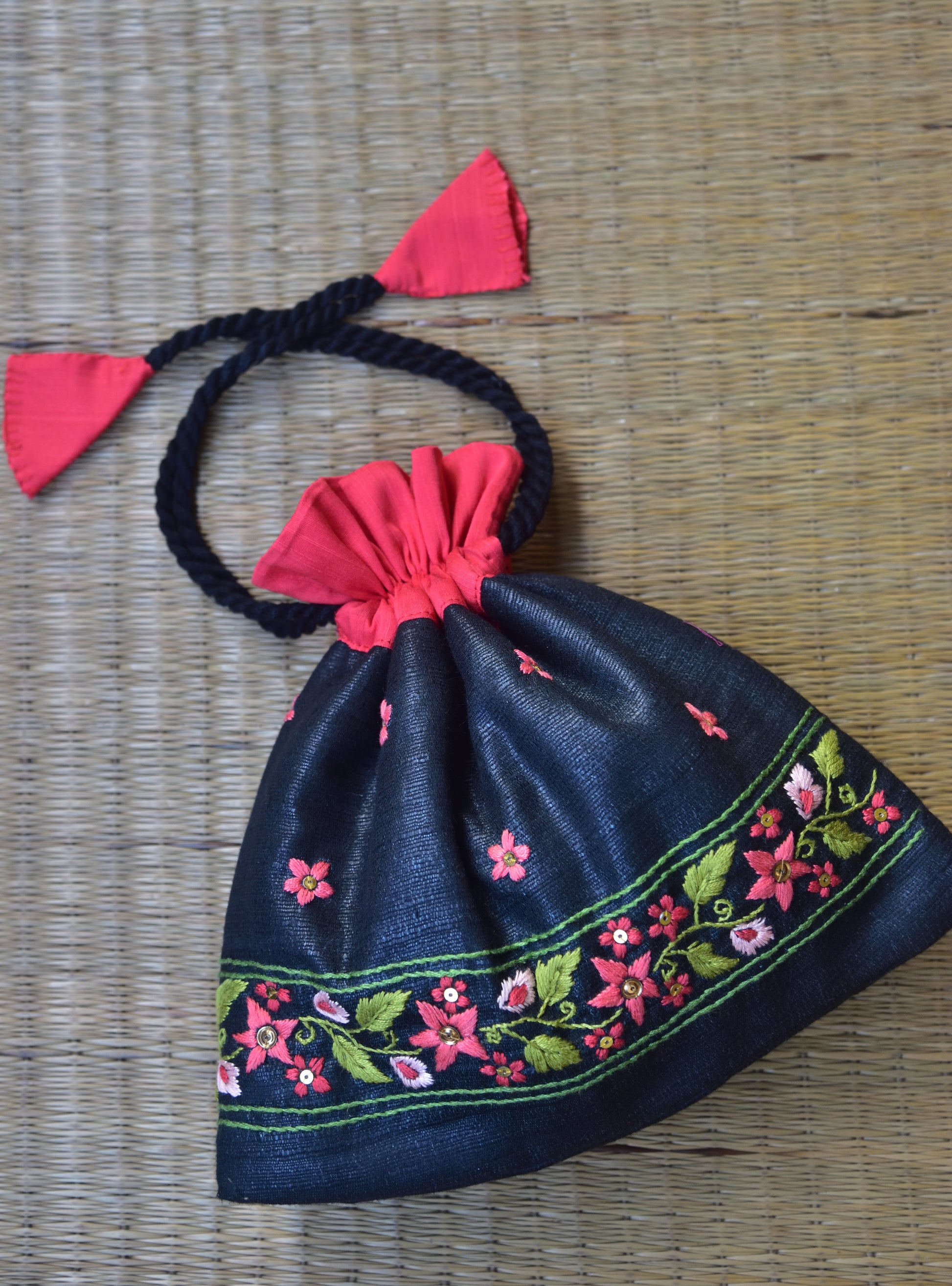 Snigdha Silk Cotton Potli - Black with Hand Embroidered Border