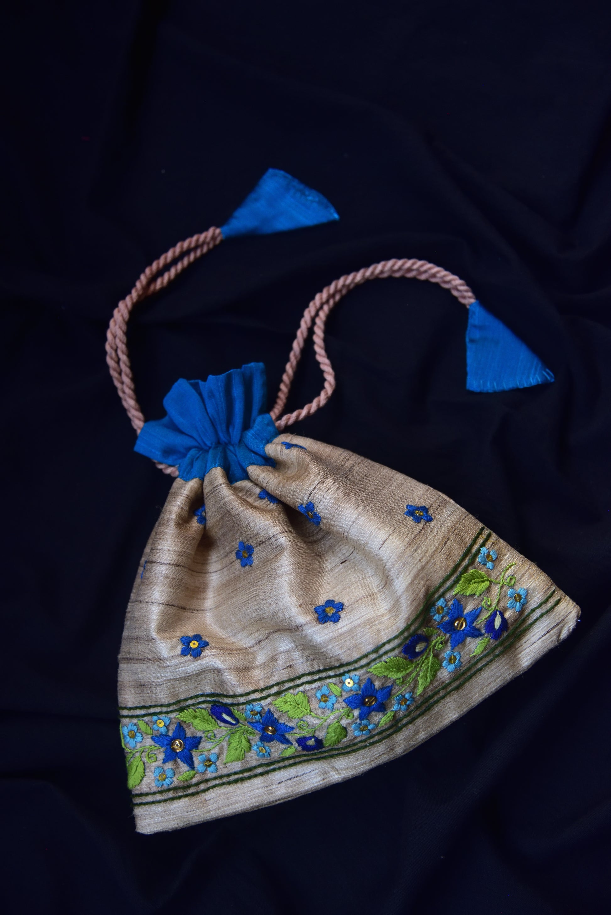 Snigdha - Tussar Silk Cotton Potli with Hand Embroidered Border