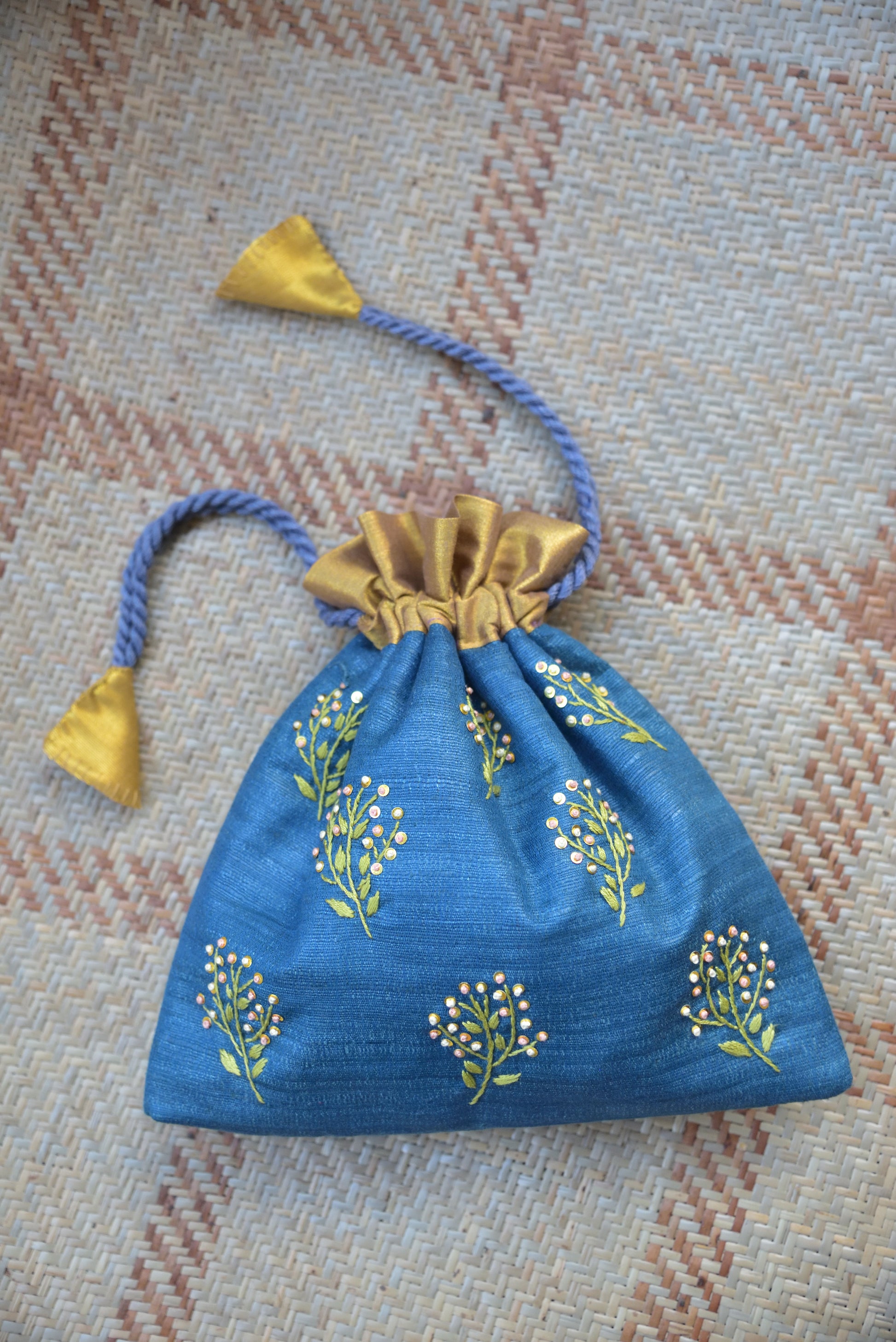 Gypsophila (sequin) - Teal blue silk cotton potli