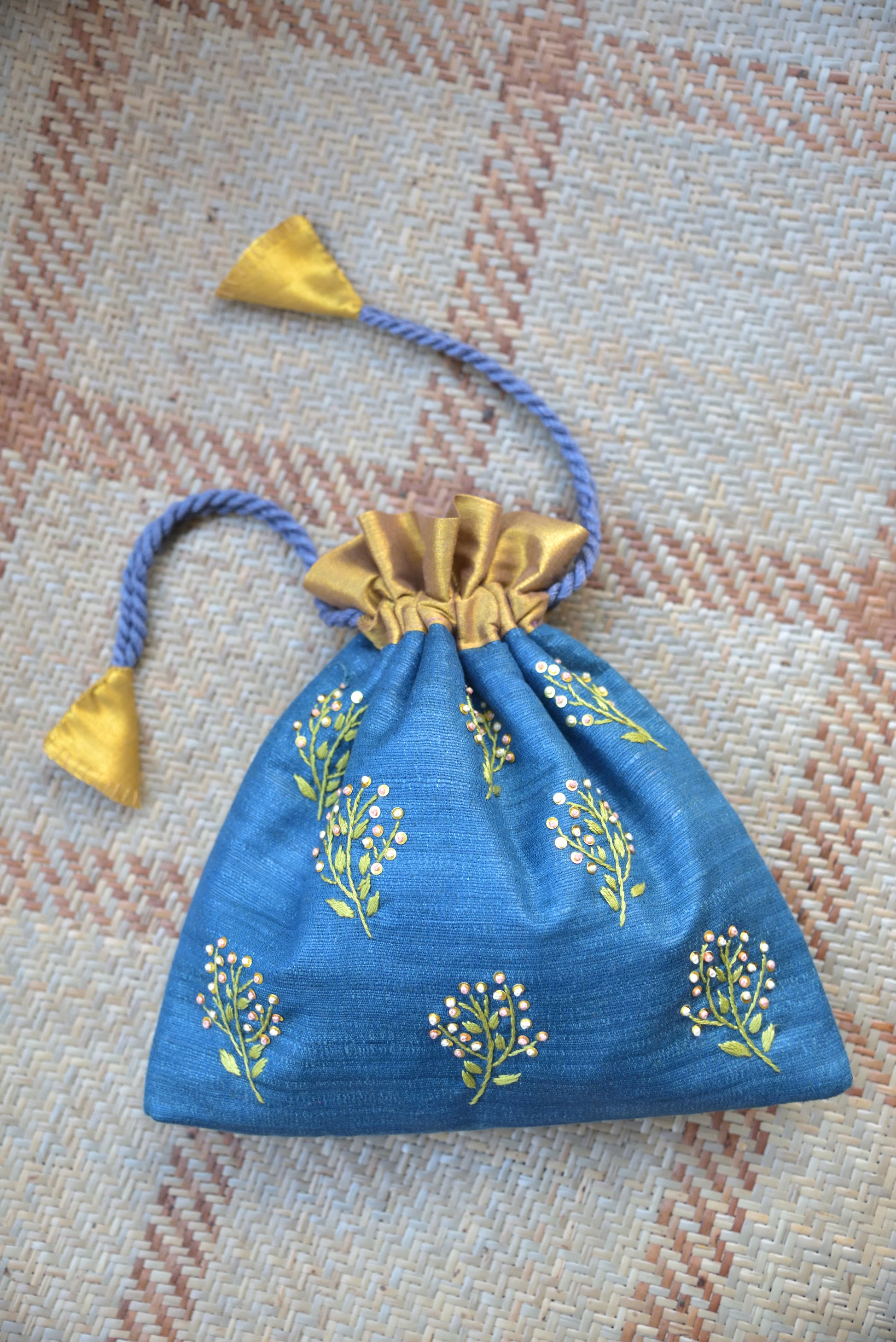 Gypsophila (sequin) - Teal blue silk cotton potli