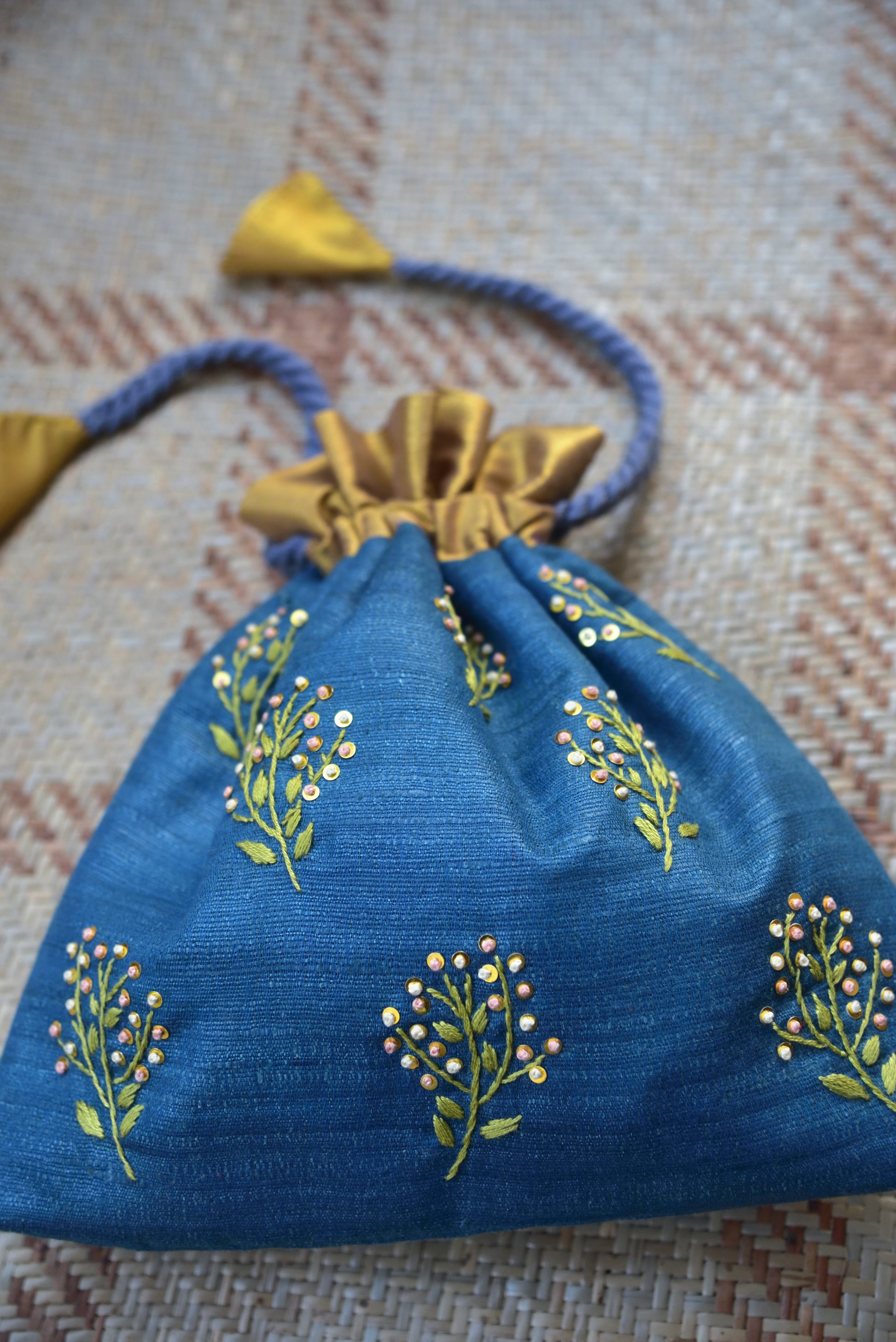 Gypsophila (sequin) - Teal blue silk cotton potli