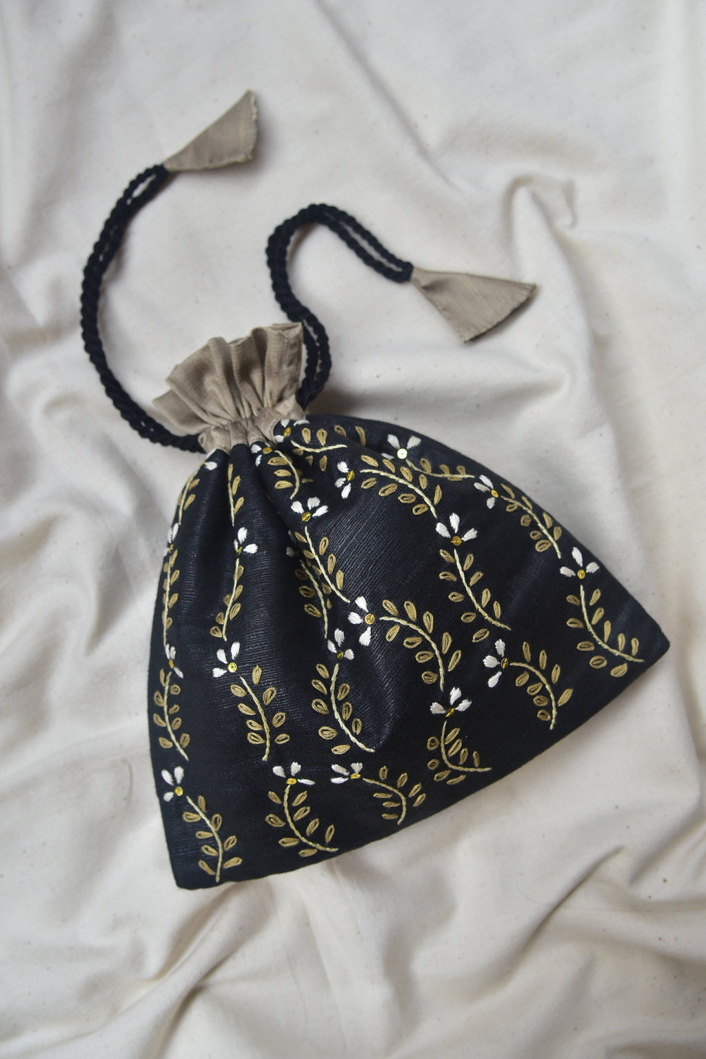 Fern Fun - Black Silk Cotton Potli