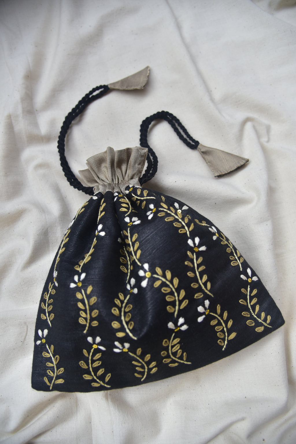 Fern Fun - Black Silk Cotton Potli