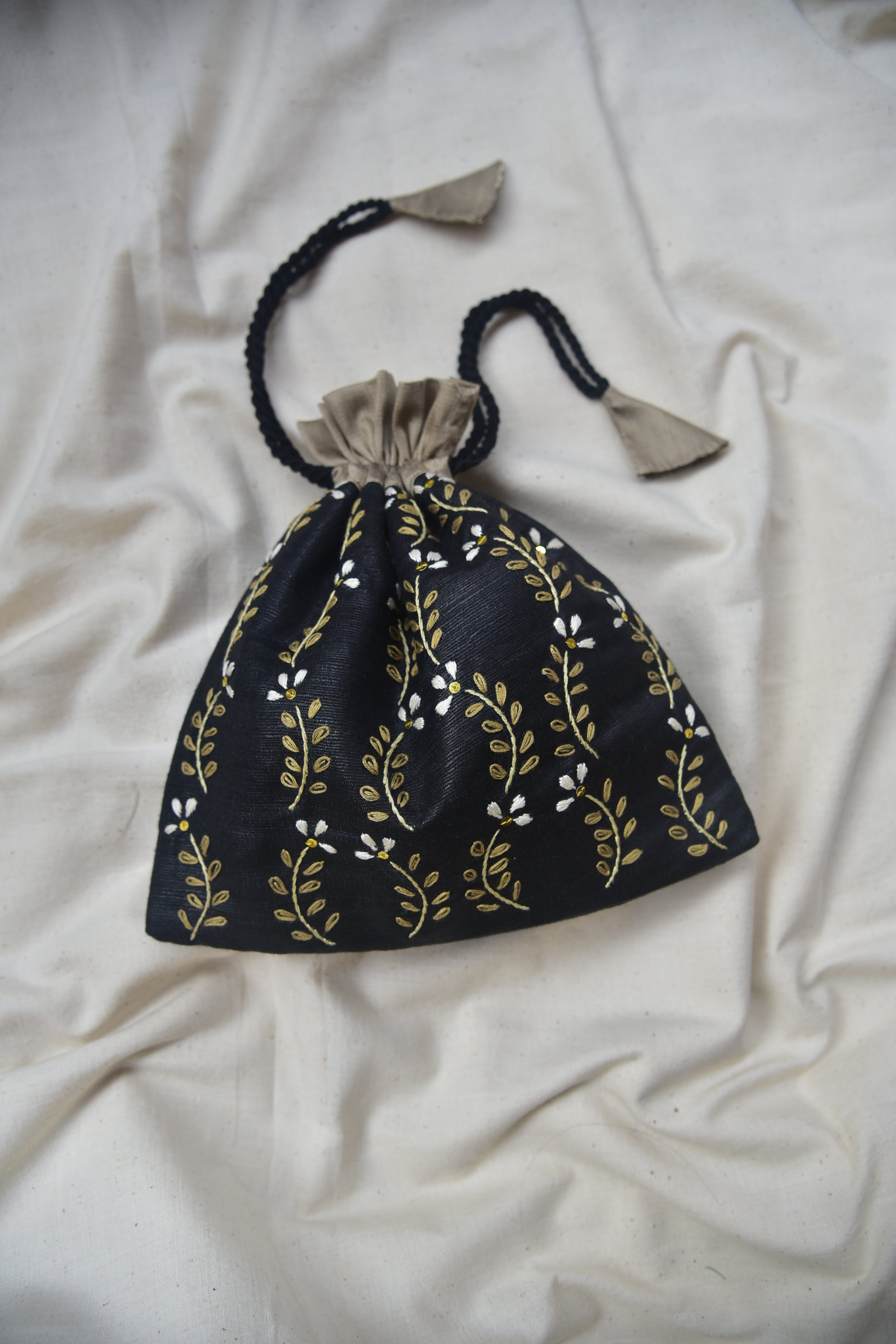 Fern Fun - Black Silk Cotton Potli