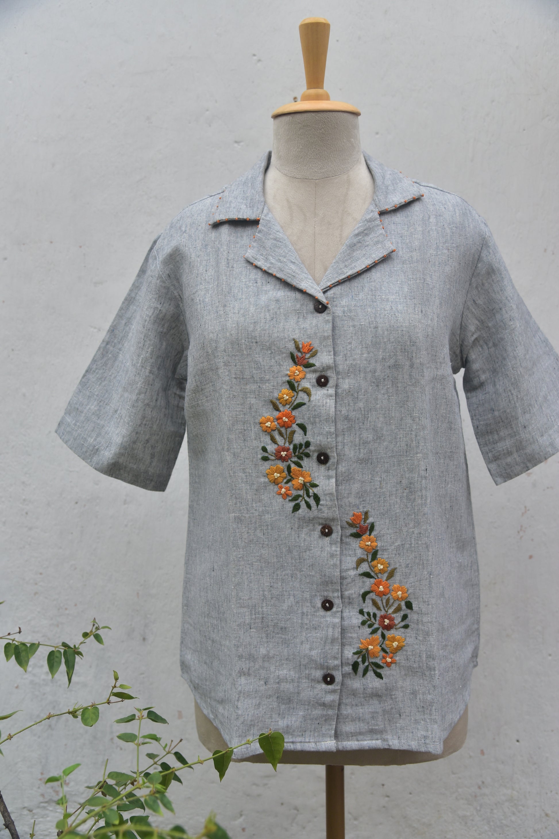 Ash & Amber Pure Linen Hand-embroidered Shirt Grey Front View