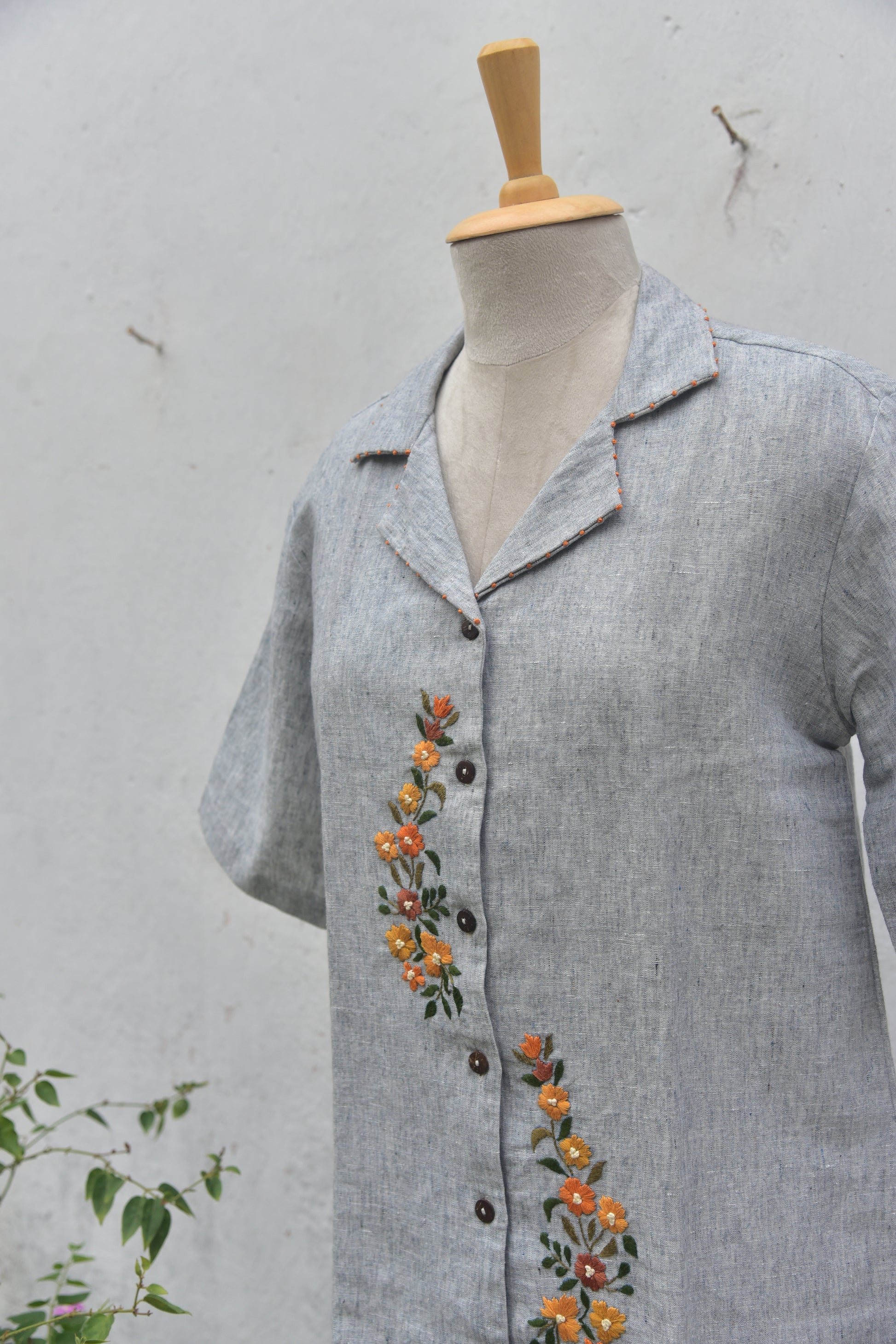 Ash & Amber Pure Linen Hand-embroidered Shirt Grey Side View