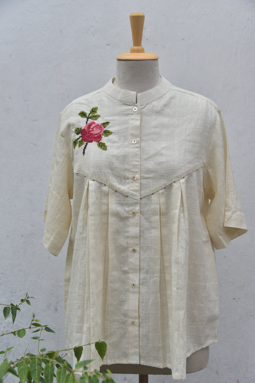 Rose Handwoven White Cotton shirt with hand cross stitch Front