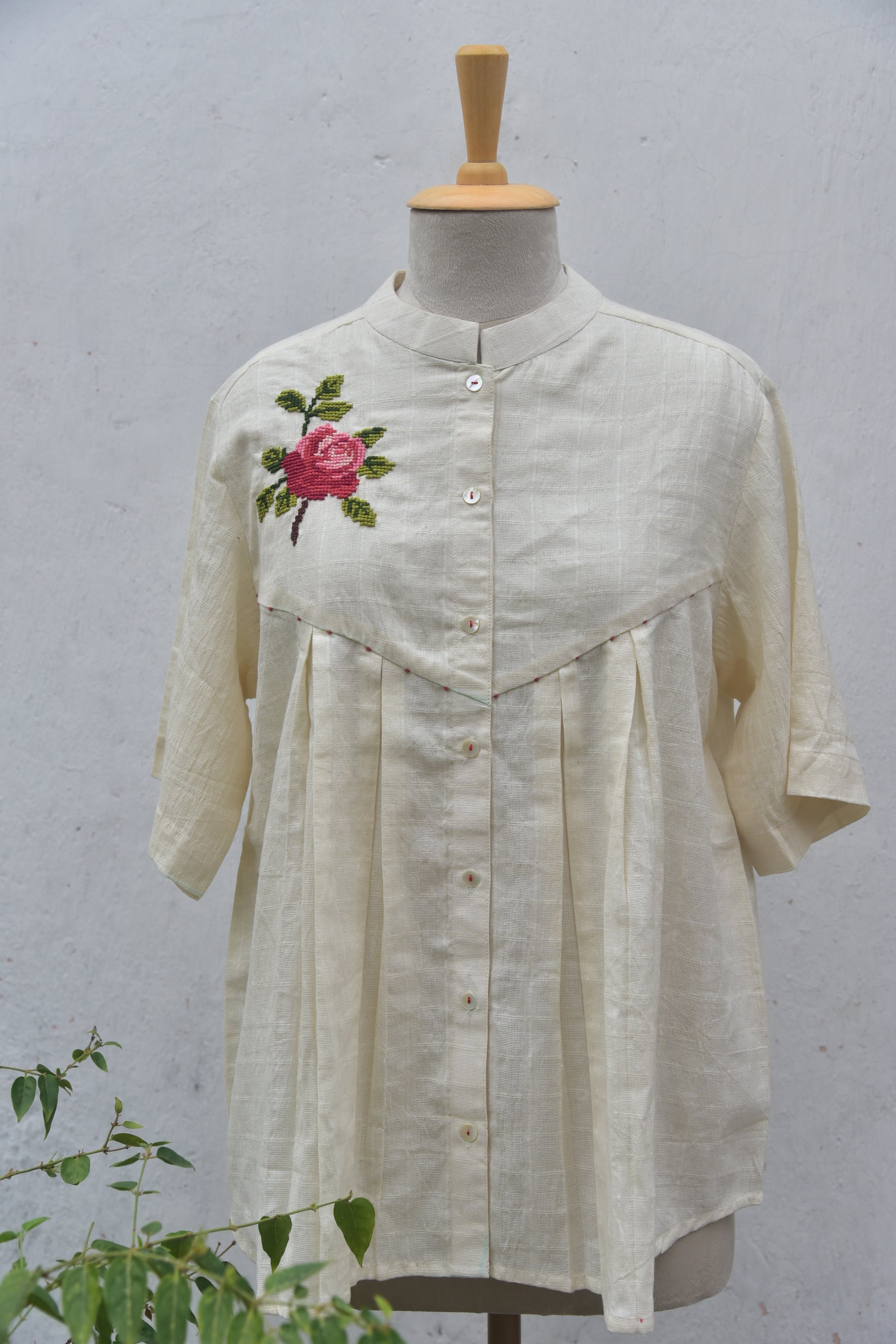 Rose Handwoven White Cotton shirt with hand cross stitch Front