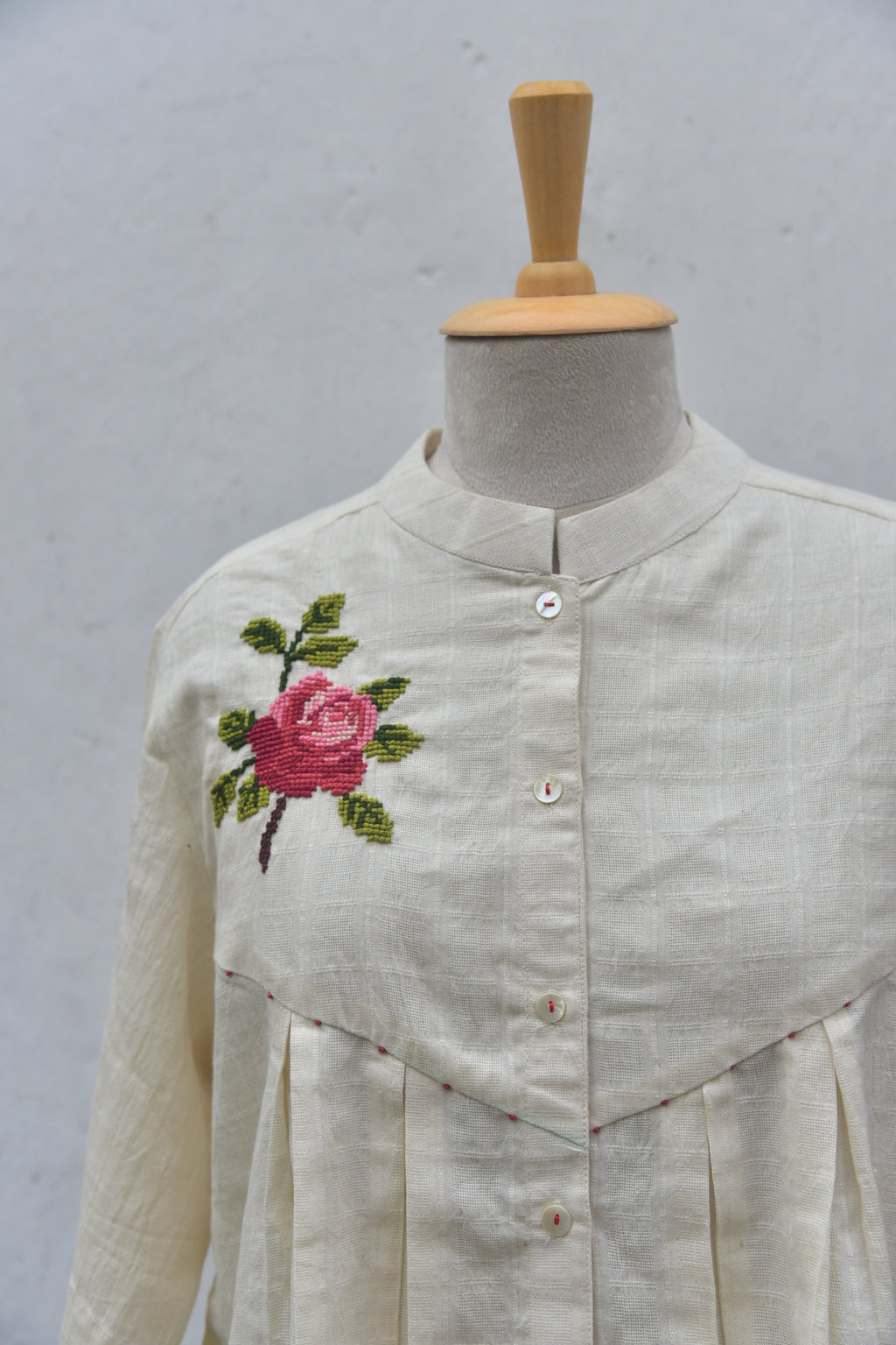 Rose Handwoven White Cotton shirt with hand cross stitch Front