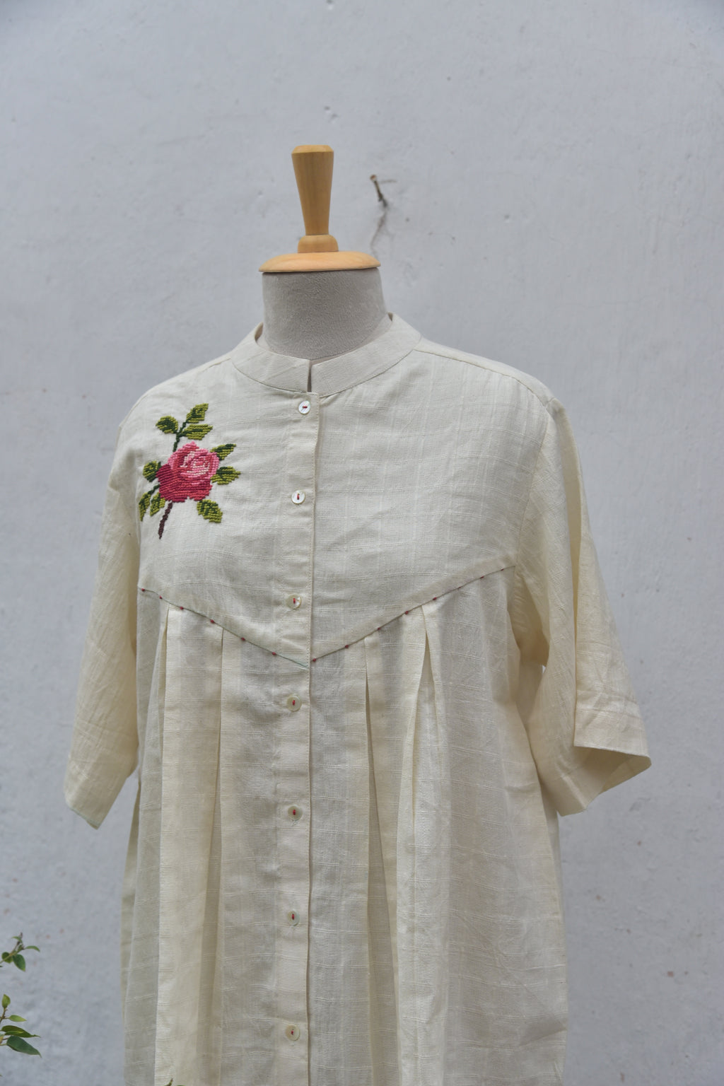 Rose Handwoven White Cotton shirt with hand cross stitch Front