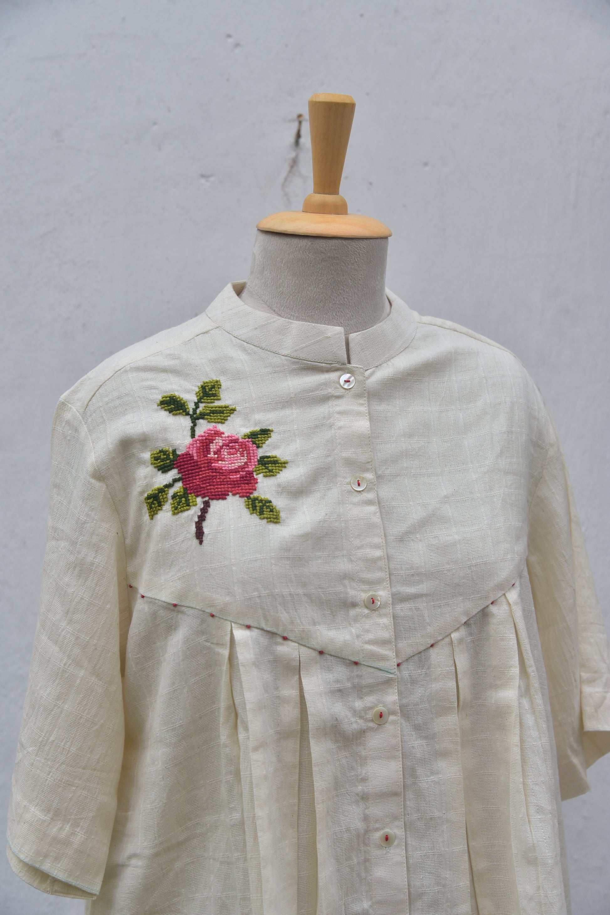 Rose Handwoven White Cotton shirt with hand cross stitch Front