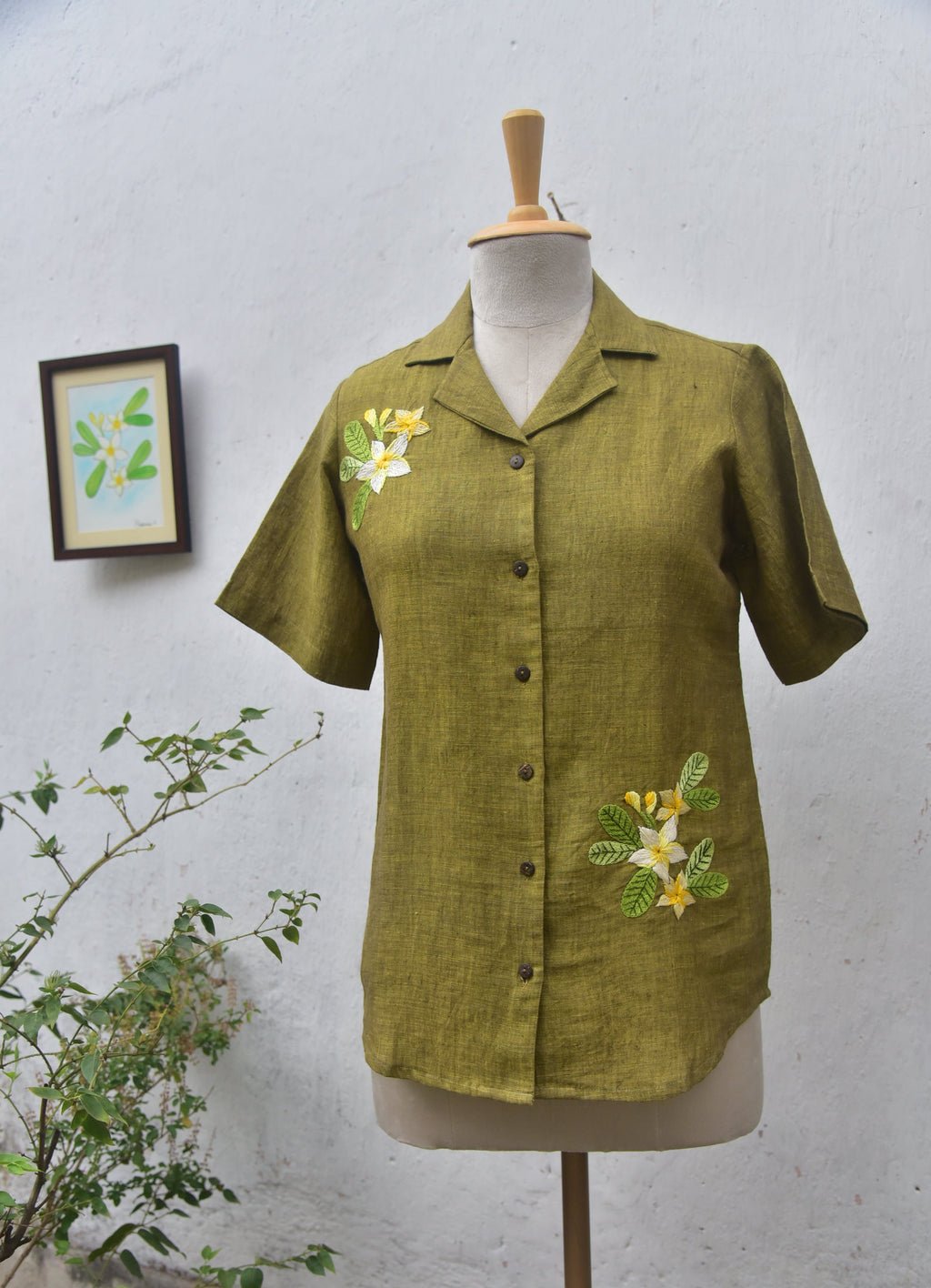 Frangipani Green Handwoven Linen shirt Front