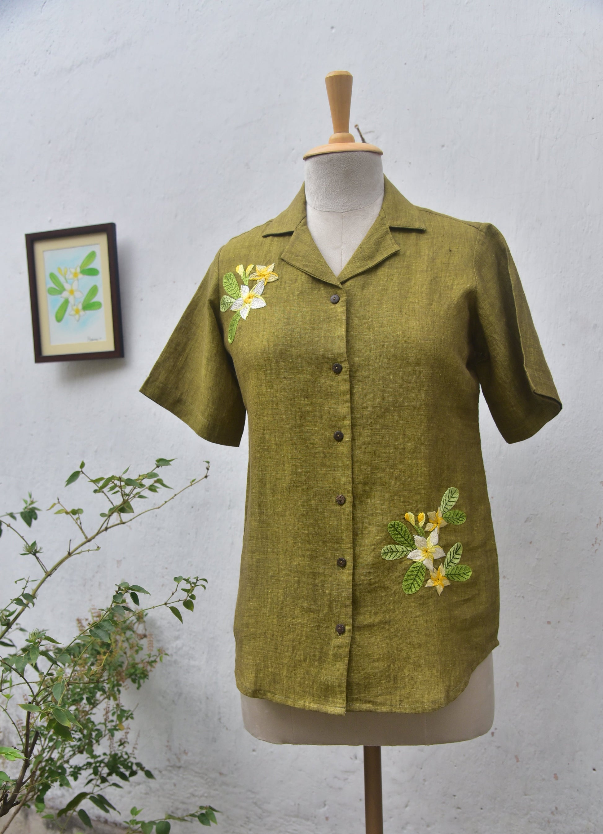 Frangipani Green Handwoven Linen shirt Front