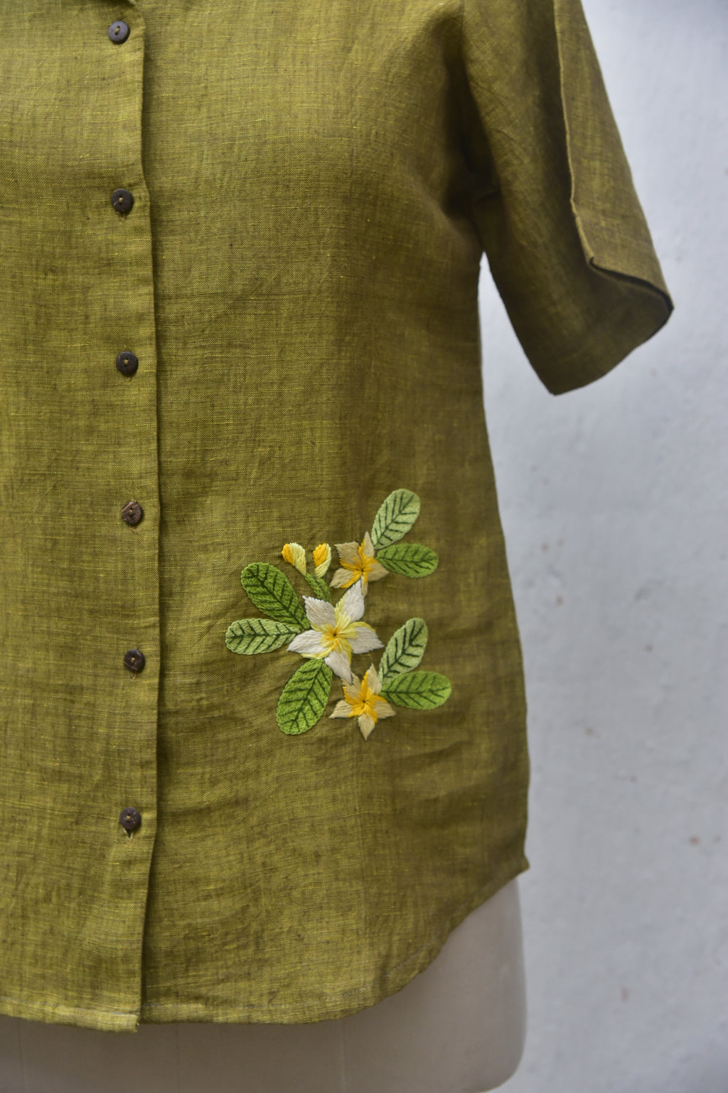 Frangipani Green Handwoven Hand-embroidered Linen shirt Front Close View