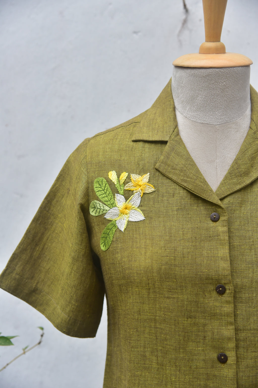 Frangipani Green Handwoven Hand-embroidered Linen shirt Front Close View